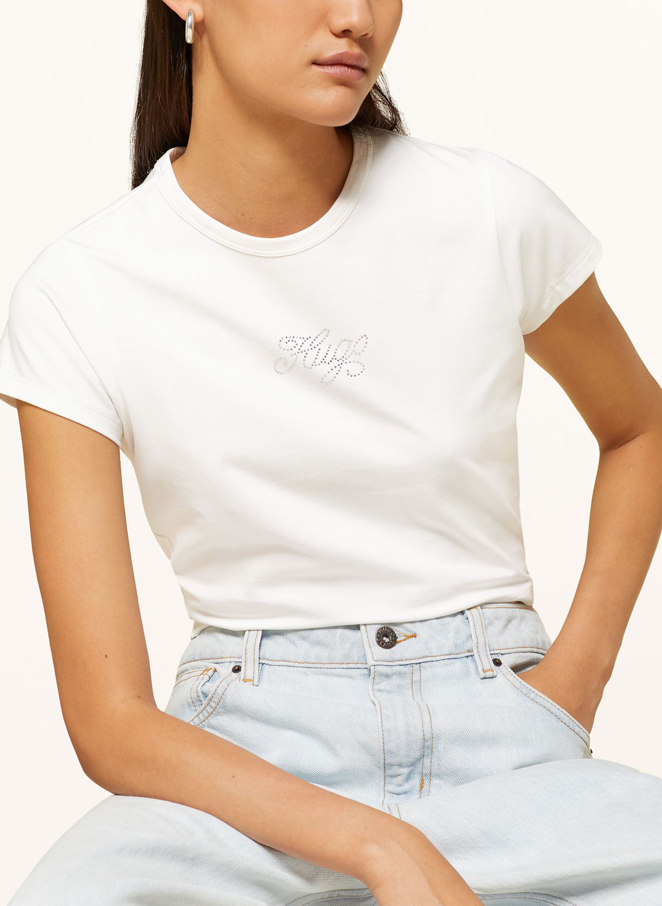 HUGO Cropped-Shirt DOME mit Schmucksteinen: WEISS