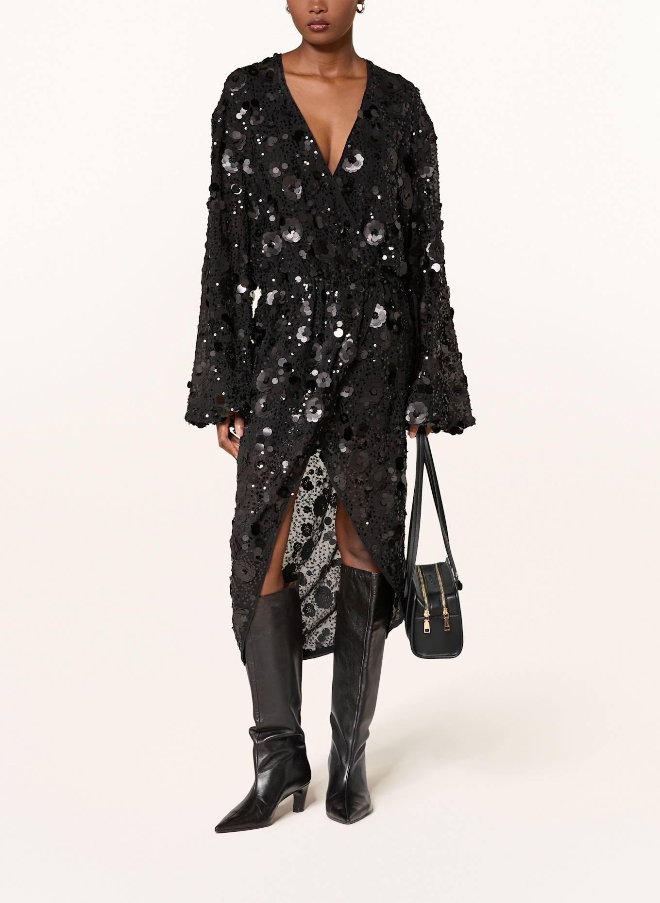 ESSENTIEL ANTWERP Kleid ISHINE in Wickeloptik mit Pailletten: SCHWARZ
