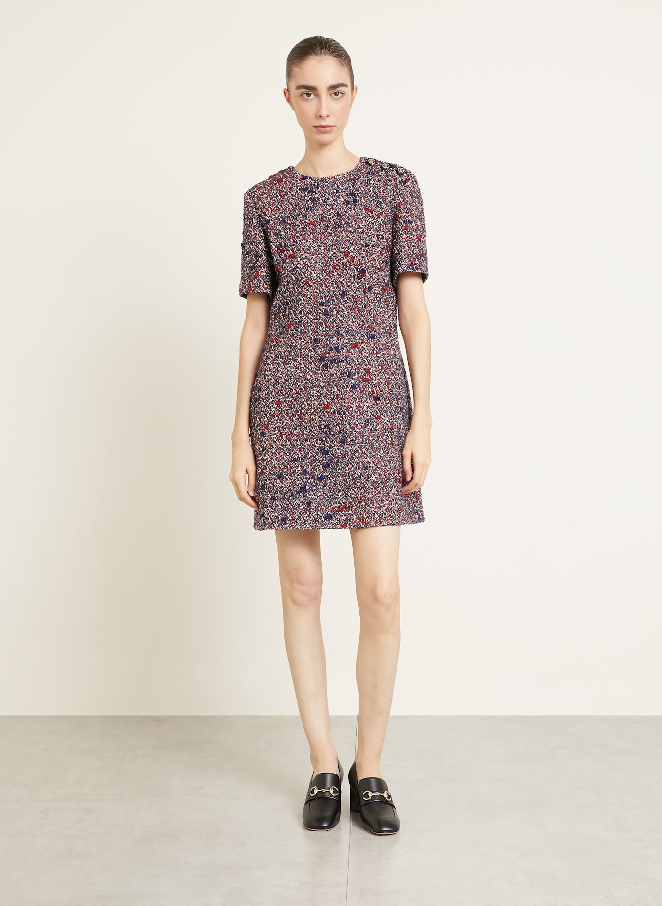 GUCCI Bouclé-Kleid: DUNKELBLAU / DUNKELROT / ECRU