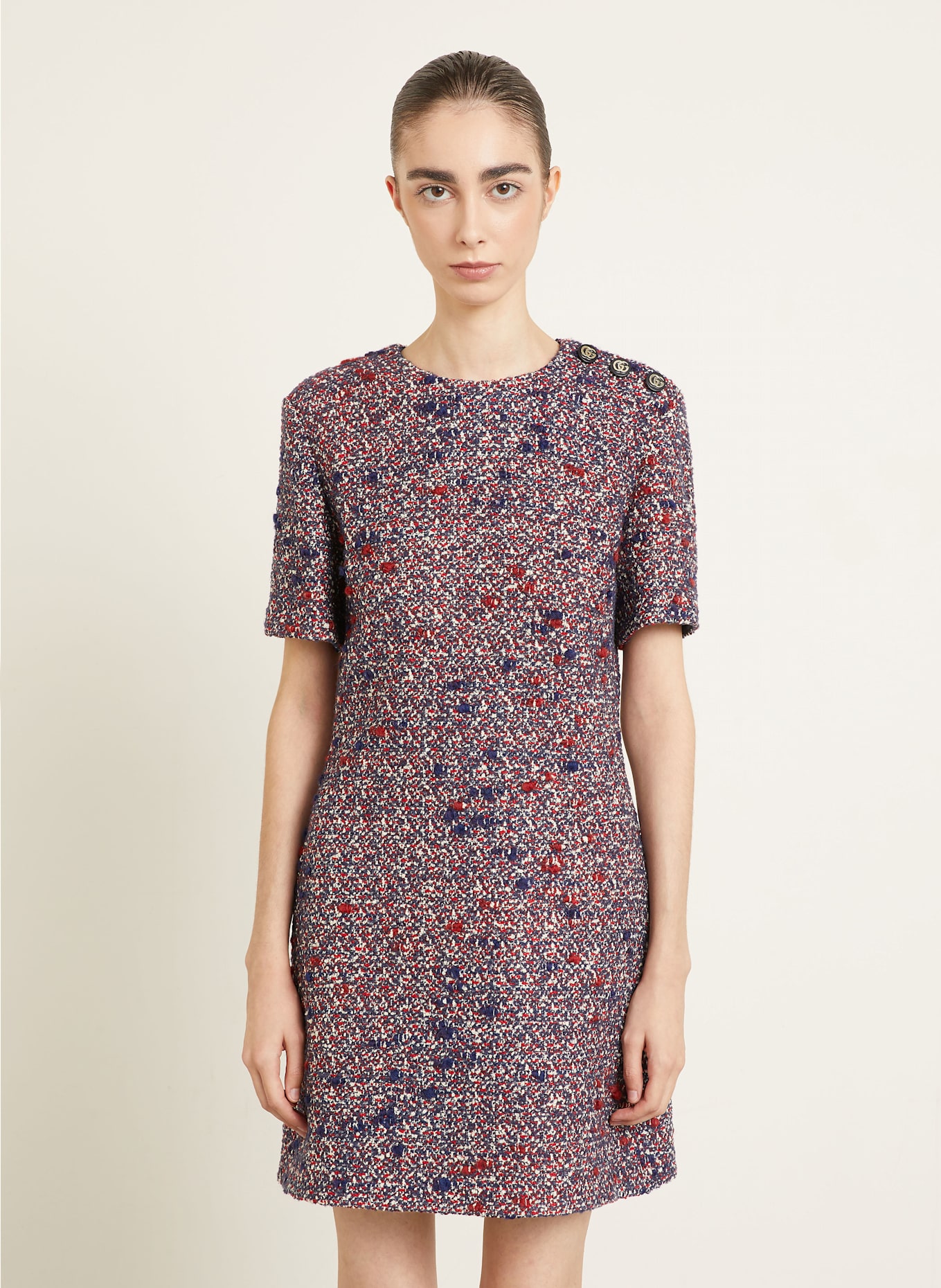 GUCCI Bouclé-Kleid: DUNKELBLAU / DUNKELROT / ECRU