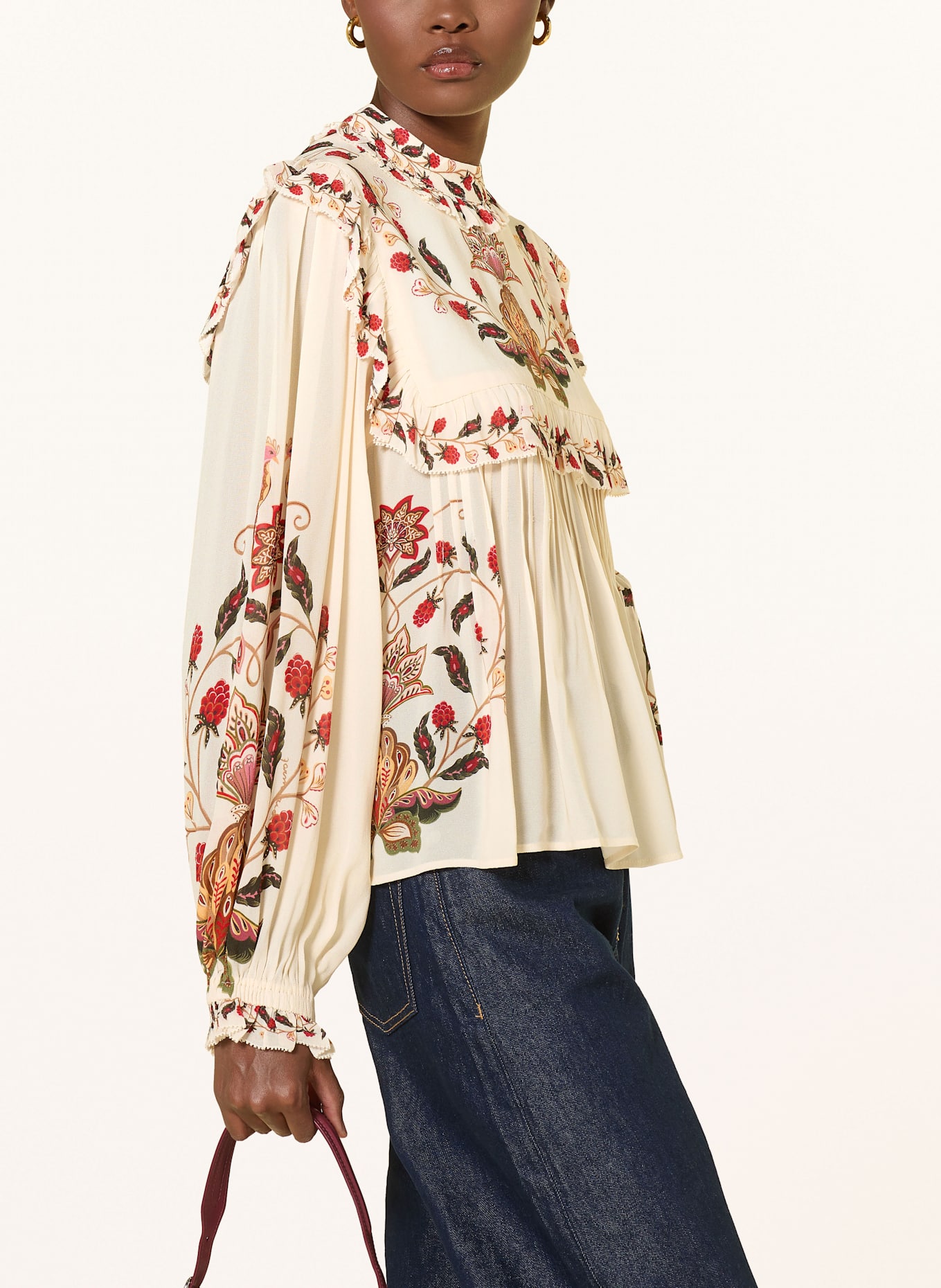 FARM RIO Blusenshirt BERRY GARDEN mit Rüschen: CREME / GRÜN / ROT