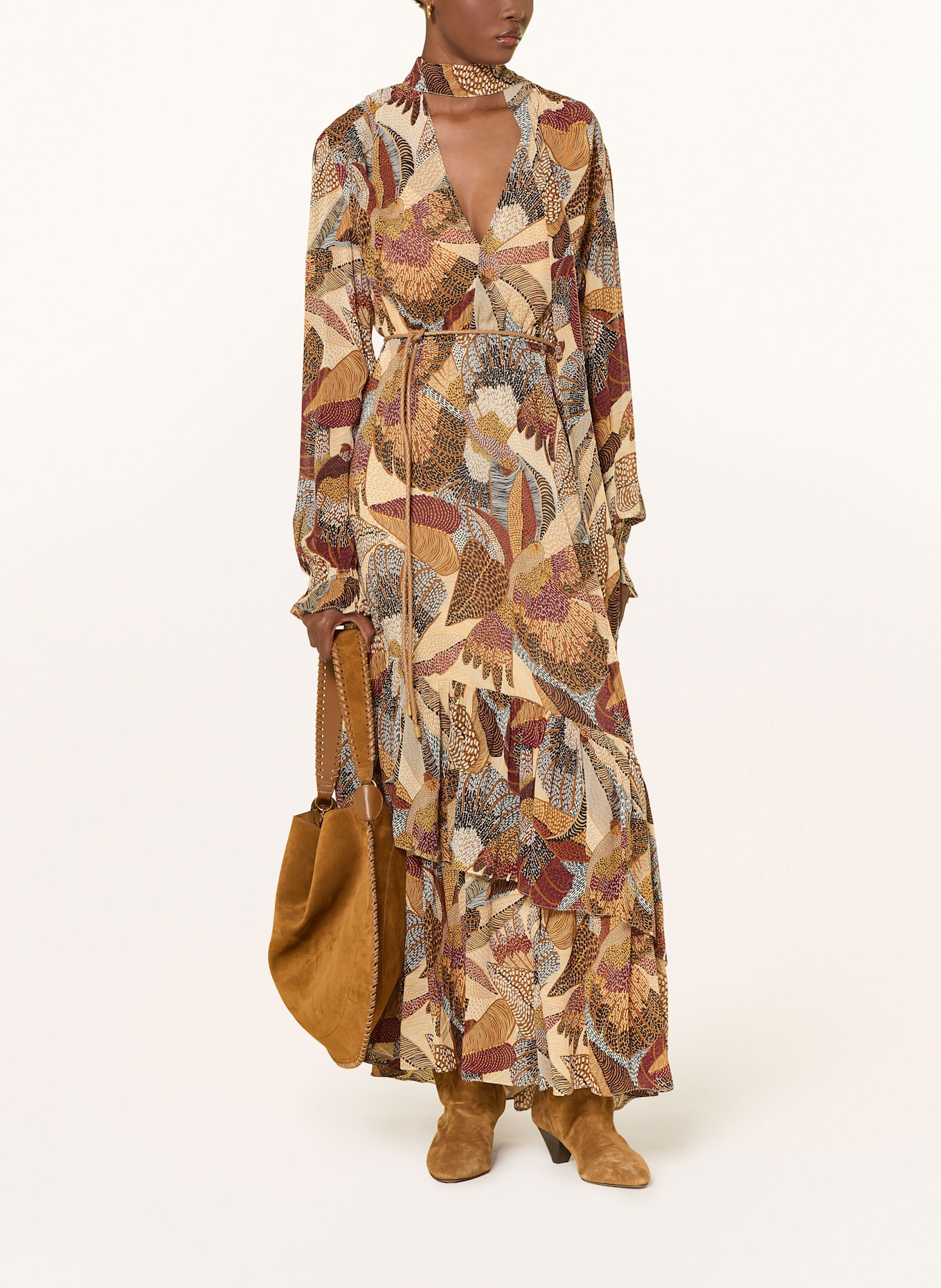 FARM RIO Schluppenkleid DOTTED MACAWS mit Rüschen: CREME / DUNKELROT / BRAUN