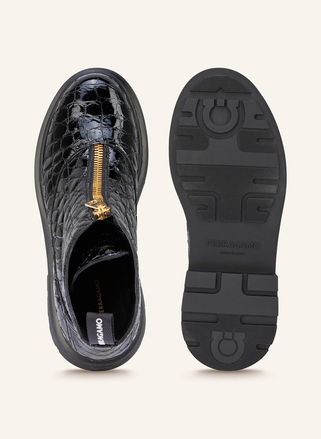 FERRAGAMO Patent ankle boots: BLACK