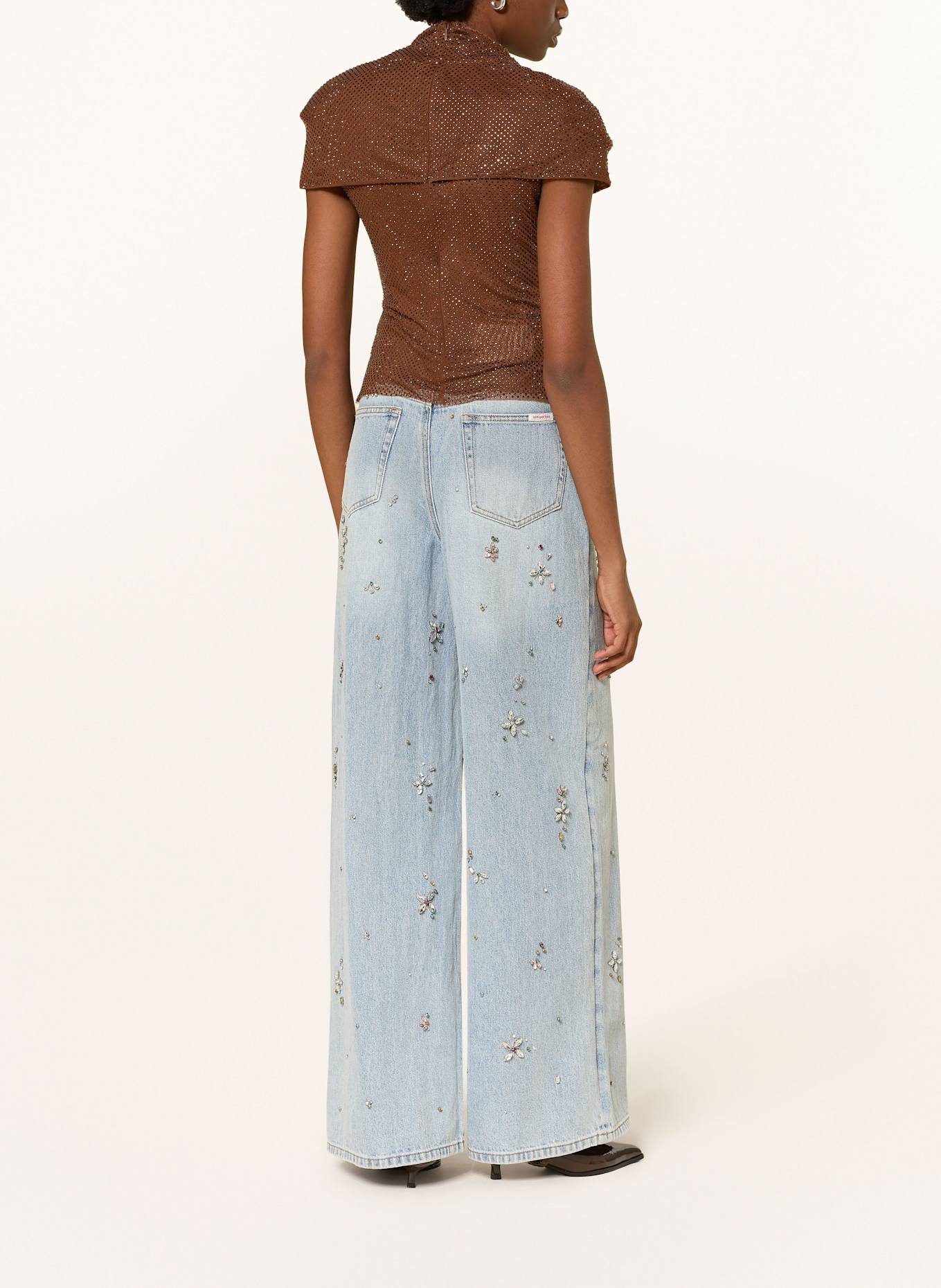 self-portrait Mesh-Top mit Schmucksteinen und Cut-out: BRAUN