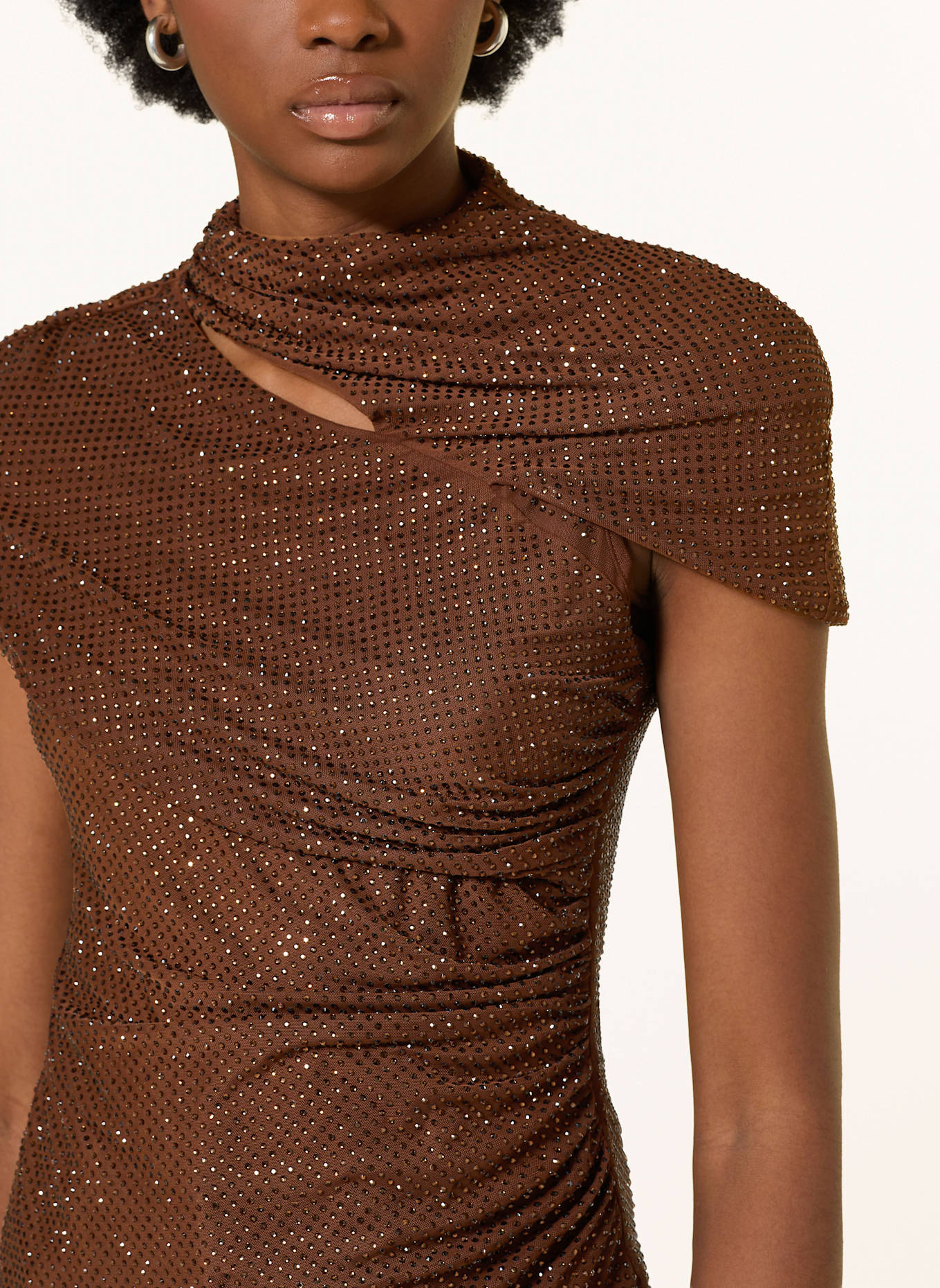 self-portrait Mesh-Top mit Schmucksteinen und Cut-out: BRAUN