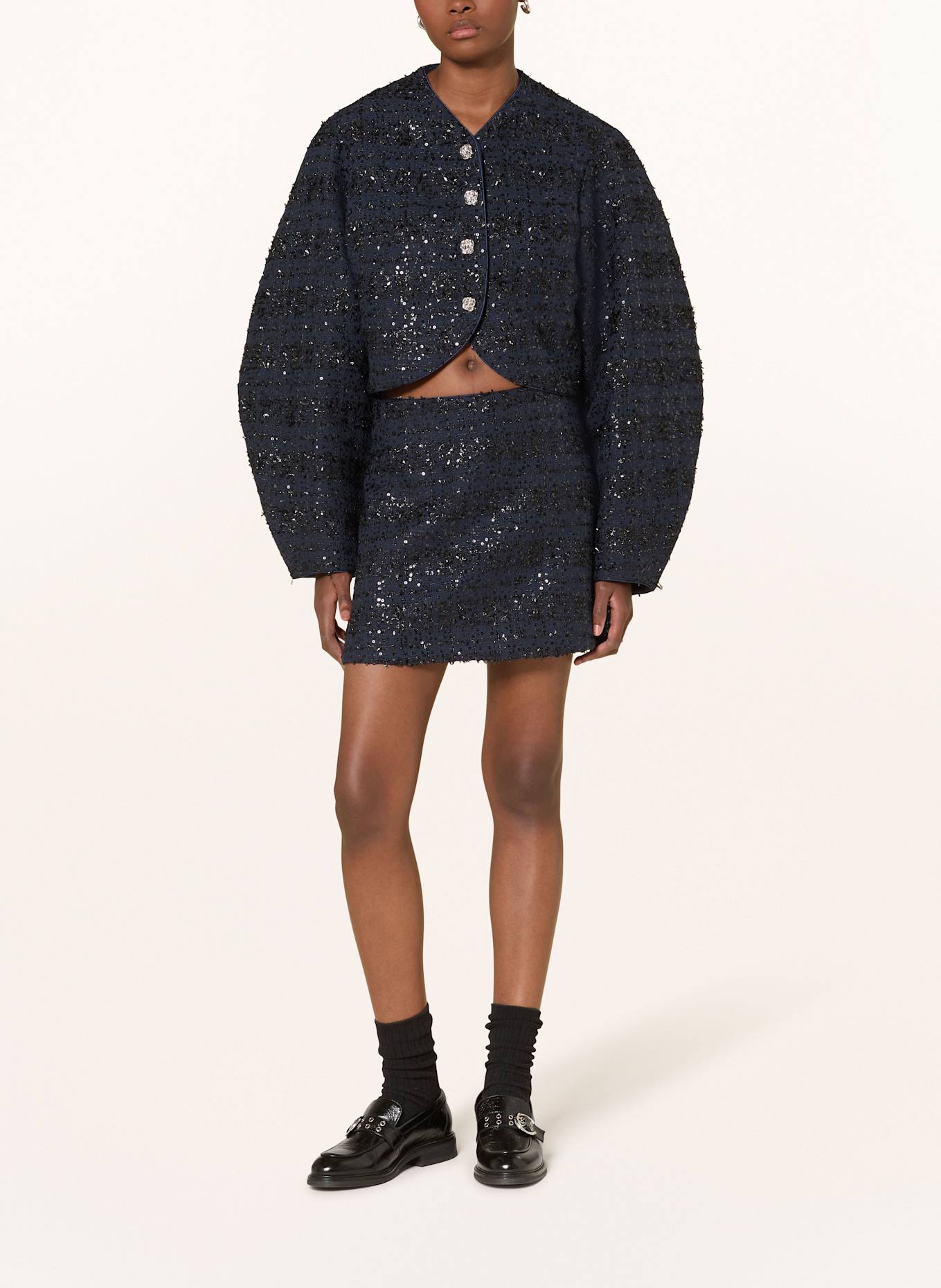 ROTATE Bouclé-Jacke mit Pailletten: DUNKELBLAU / SCHWARZ