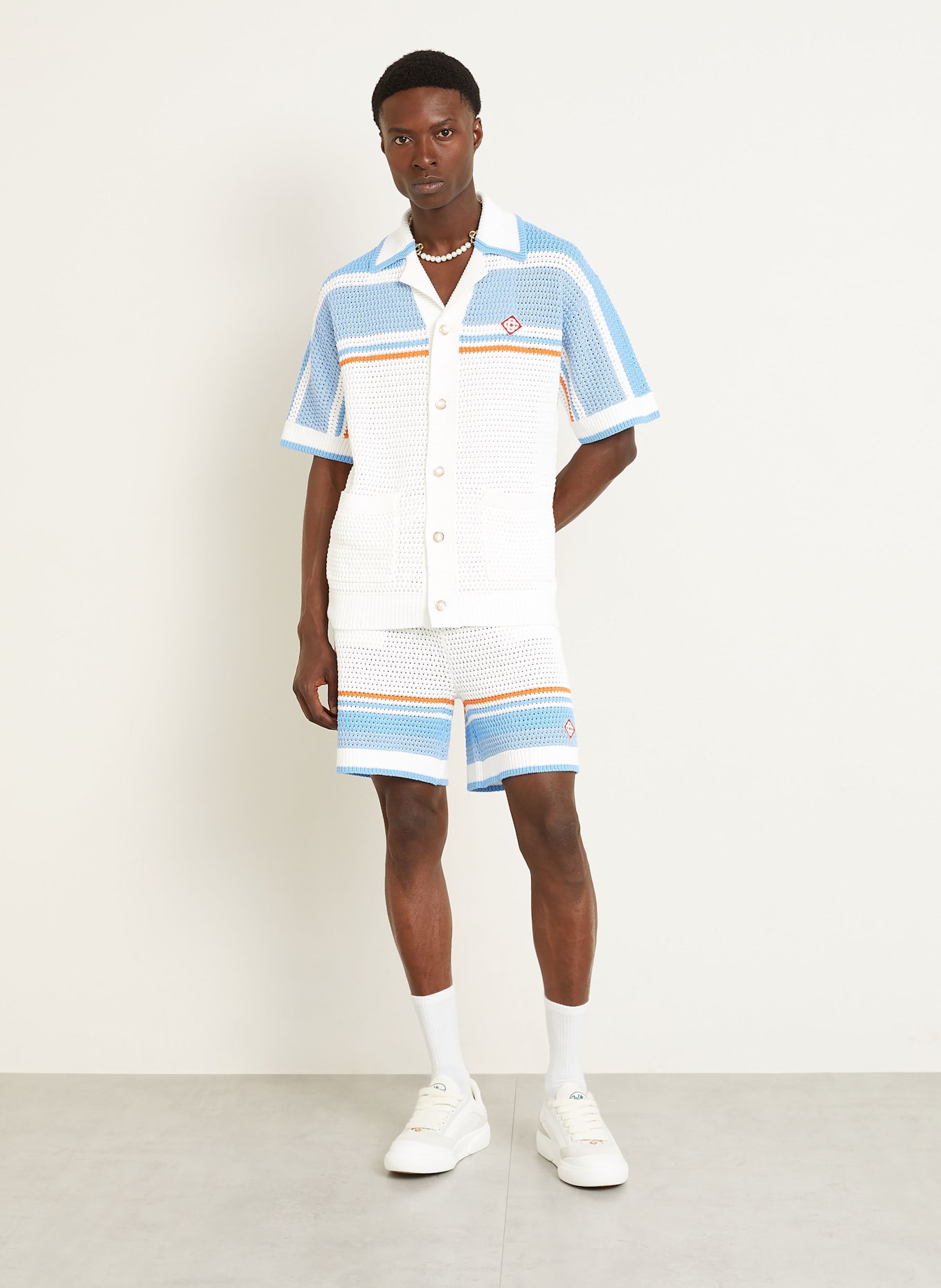 Casablanca Strickhemd Comfort Fit: WEISS / HELLBLAU / ORANGE