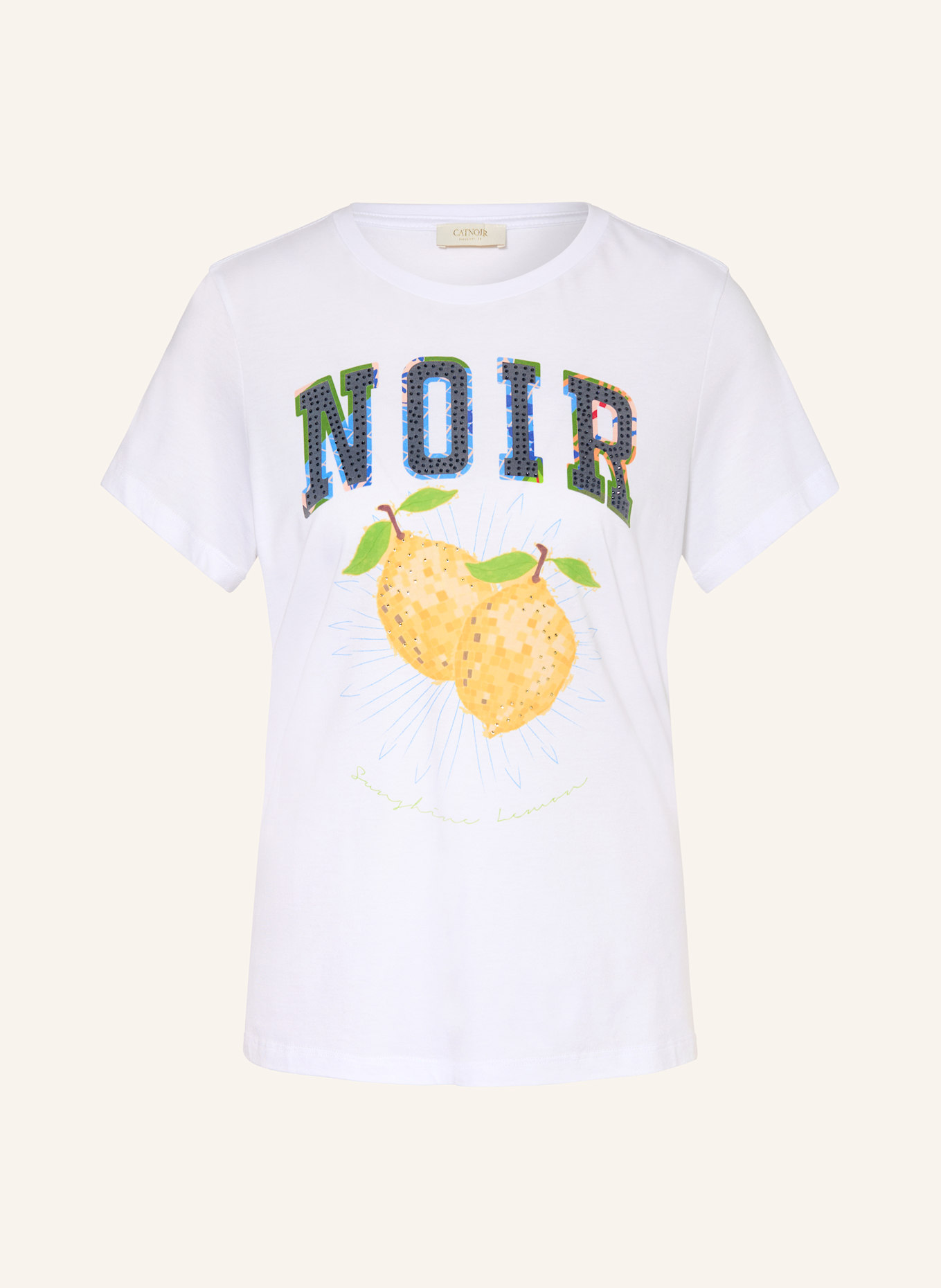 CATNOIR T-Shirt mit Schmucksteinen: WEISS / DUNKELBLAU / DUNKELGELB