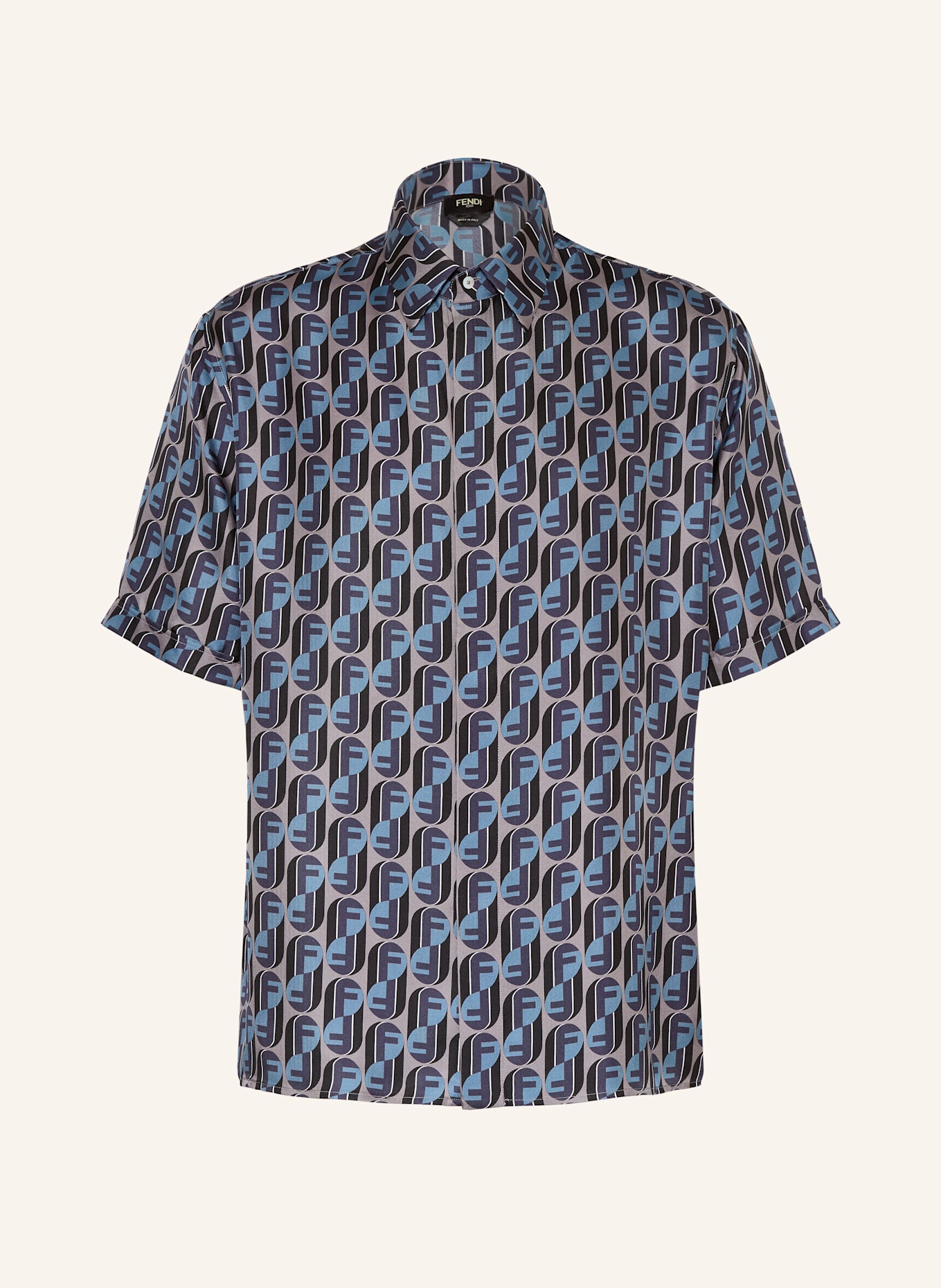 FENDI Koszula z krótkim rękawem boxy fit z jedwabiu: NIEBIESKI / CZARNY / SZAROBRĄZOWY