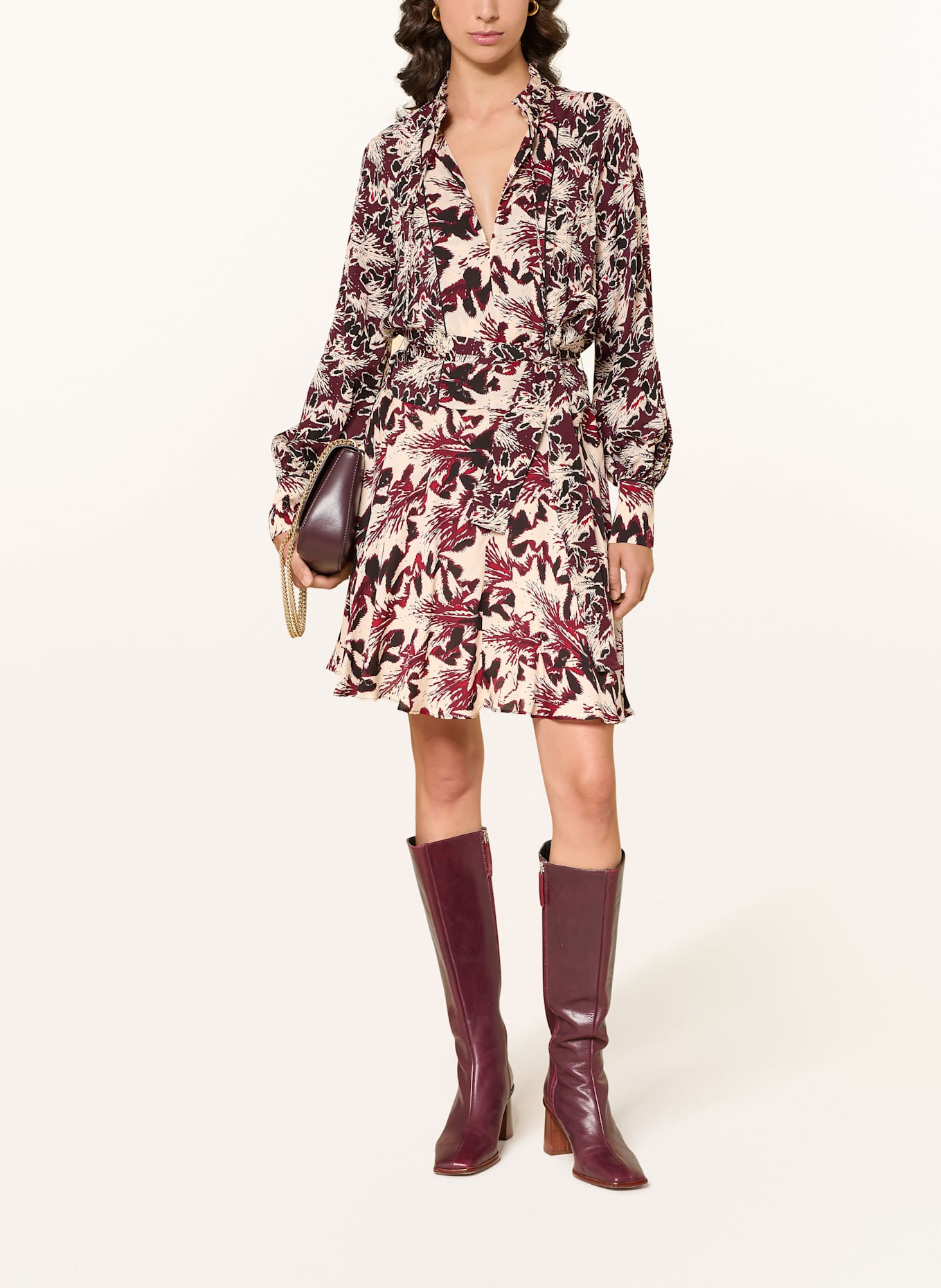 REISS Kleid LORA mit Rüschen: DUNKELROT / CREME / SCHWARZ