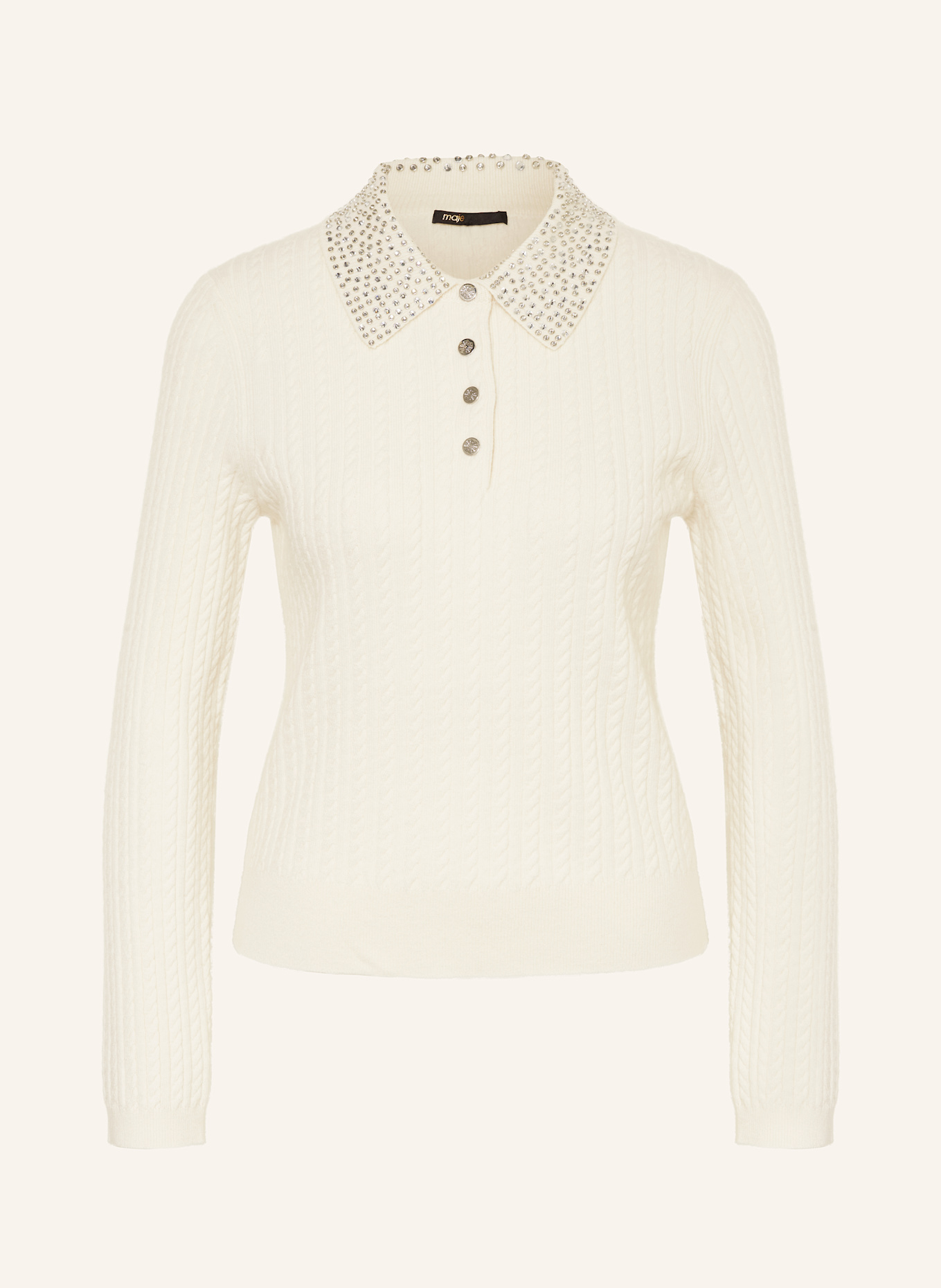 maje Strick-Poloshirt mit Schmucksteinen: ECRU
