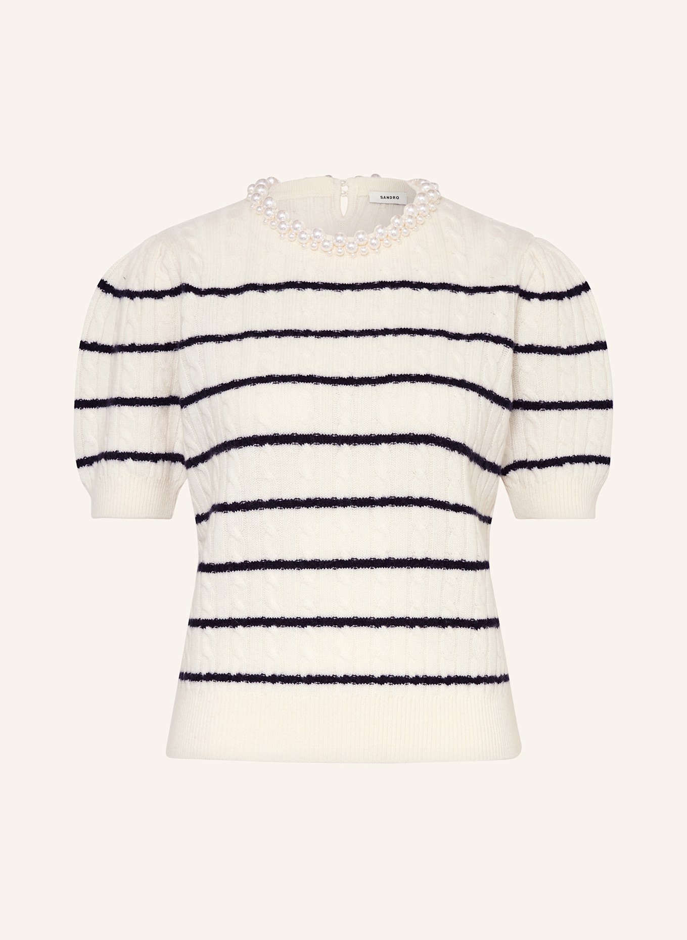 SANDRO Strickshirt mit Schmuckperlen: ECRU / DUNKELBLAU