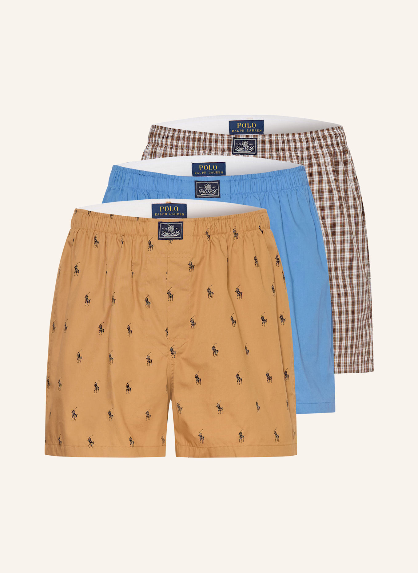 POLO RALPH LAUREN 3er-Pack Web-Boxershorts: DUNKELBRAUN / BLAU / BRAUN