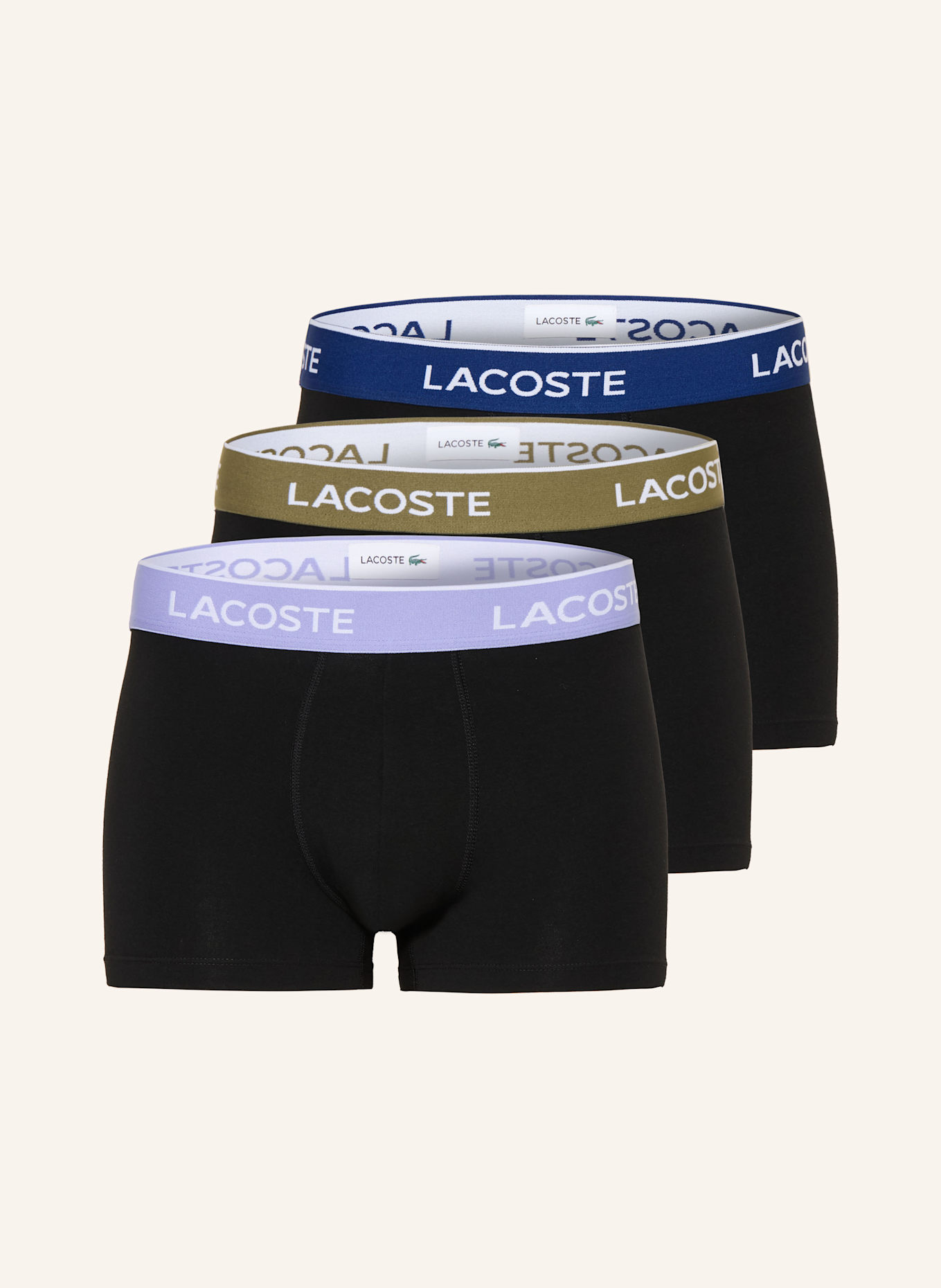 LACOSTE 3er-Pack Boxershorts: HELLLILA / OLIV / DUNKELBLAU