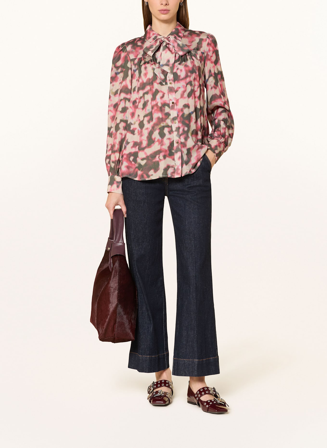 MORE & MORE Schluppenbluse: OLIV / DUNKELLILA / ROSÉ