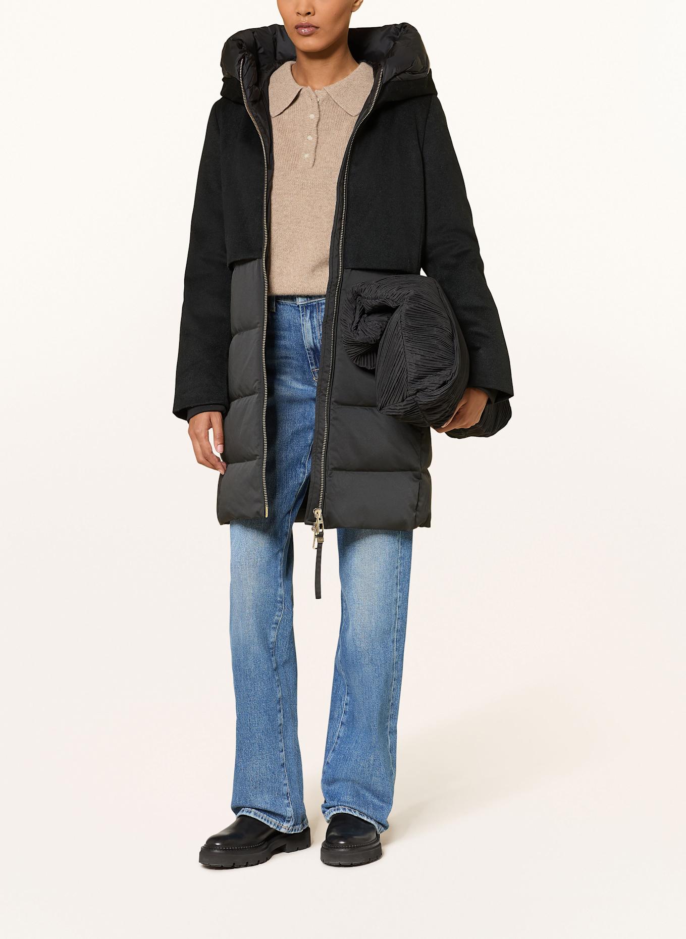 DUNO Daunenmantel BALLON X im Materialmix mit abnehmbarer Kapuze: SCHWARZ