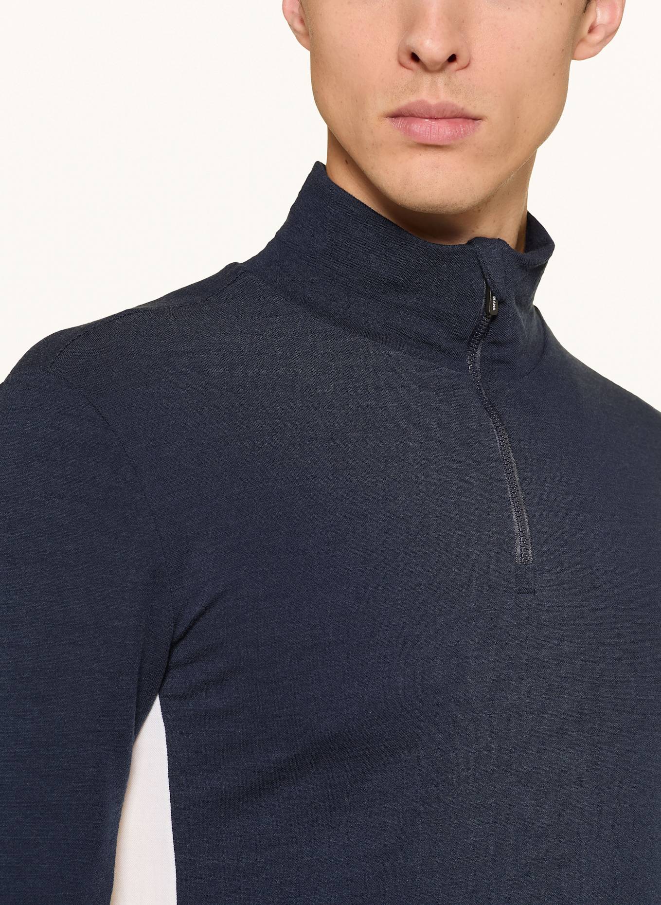 WE NORWEGIANS Piqué-Midlayer VOSS aus Merinowolle: DUNKELBLAU / ECRU