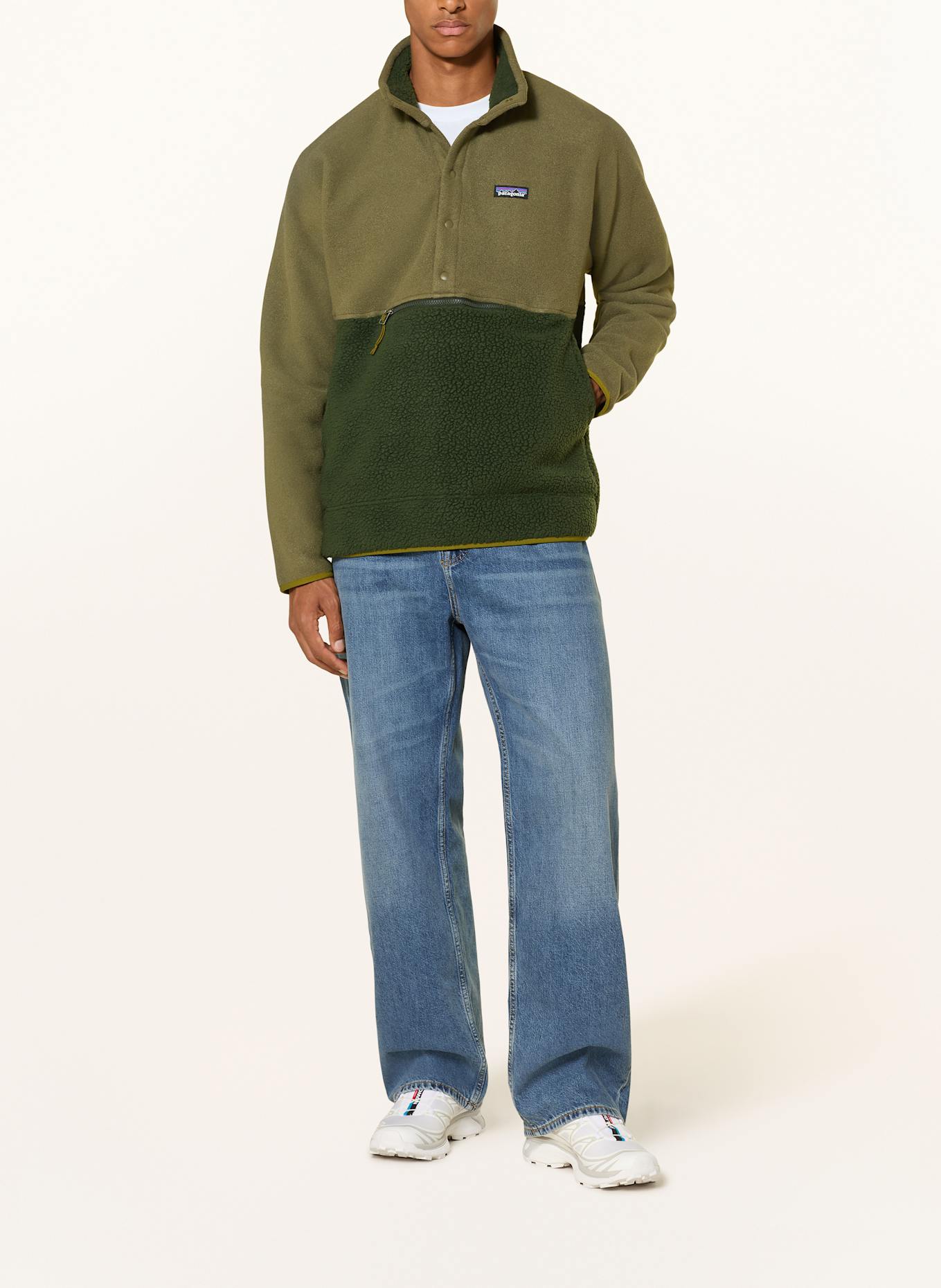 patagonia Fleecový svetr troyer RETRO PILE: KHAKI / TMAVĚ ZELENÁ
