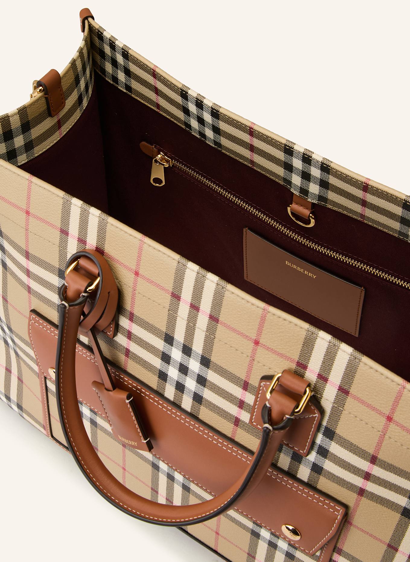 BURBERRY Schultertasche FREYA: HELLBRAUN / SCHWARZ / ROT