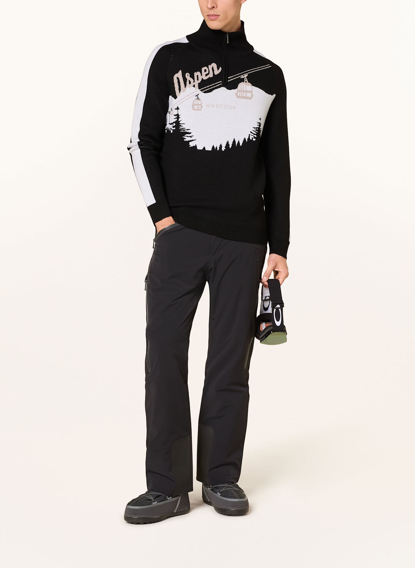 WE NORWEGIANS Troyer AFTERSKI aus Merinowolle: SCHWARZ / HELLGRAU / HELLBRAUN