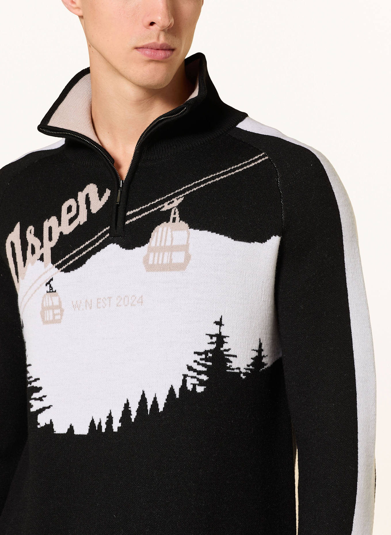 WE NORWEGIANS Troyer AFTERSKI aus Merinowolle: SCHWARZ / HELLGRAU / HELLBRAUN