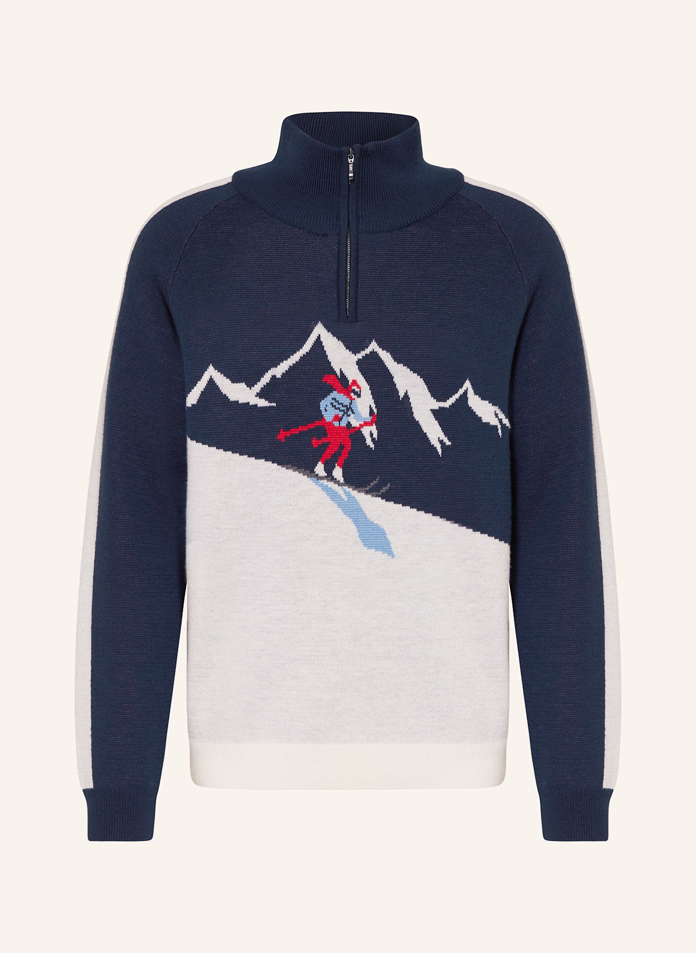 WE NORWEGIANS Troyer AFTERSKI aus Merinowolle: DUNKELBLAU / HELLGRAU / ROT