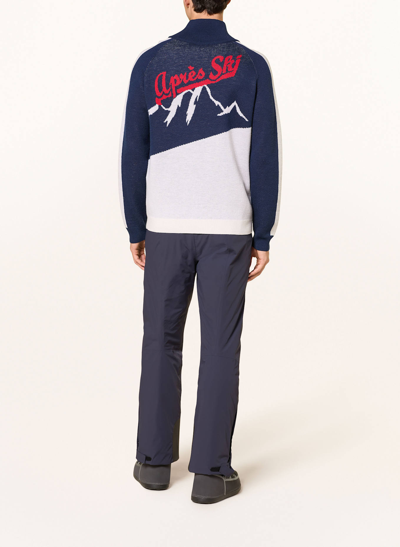 WE NORWEGIANS Troyer AFTERSKI aus Merinowolle: DUNKELBLAU / HELLGRAU / ROT