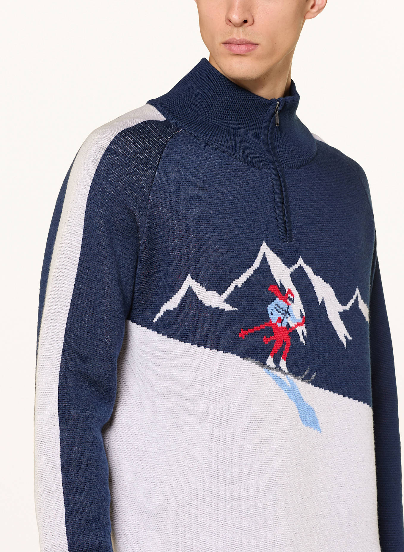 WE NORWEGIANS Troyer AFTERSKI aus Merinowolle: DUNKELBLAU / HELLGRAU / ROT