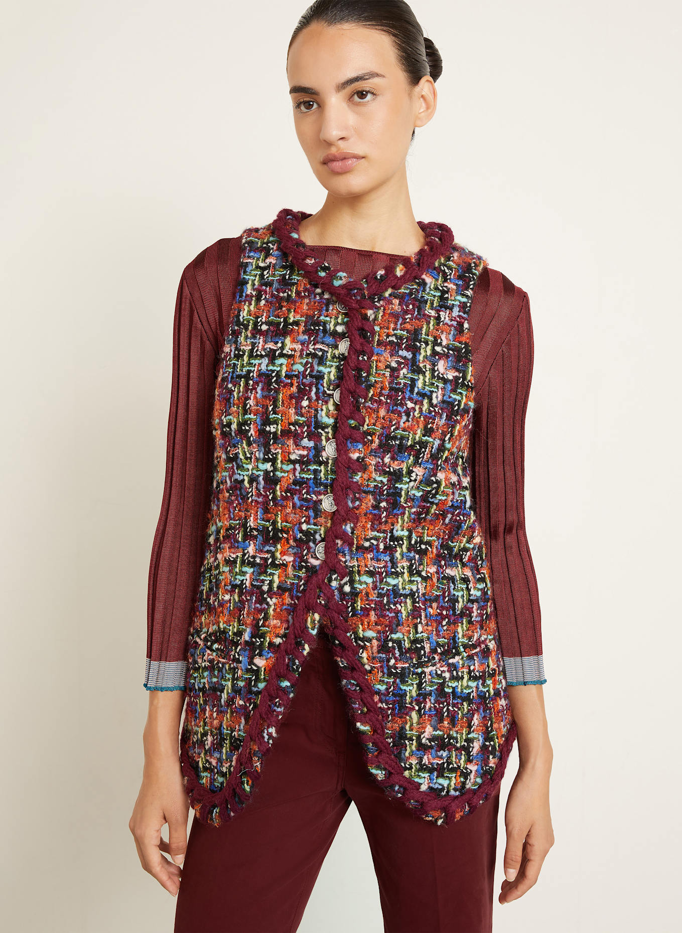 ETRO Kamizelka z tweedu z błyszczącą przędzą: CIEMNOCZERWONY / POMARAŃCZOWY / NIEBIESKI