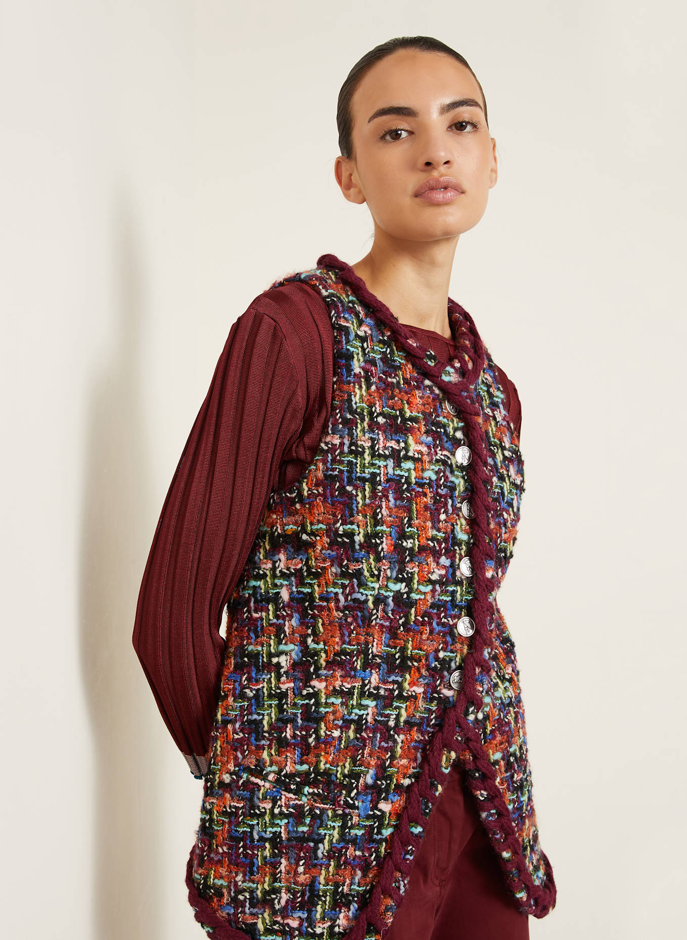 ETRO Kamizelka z tweedu z błyszczącą przędzą: CIEMNOCZERWONY / POMARAŃCZOWY / NIEBIESKI