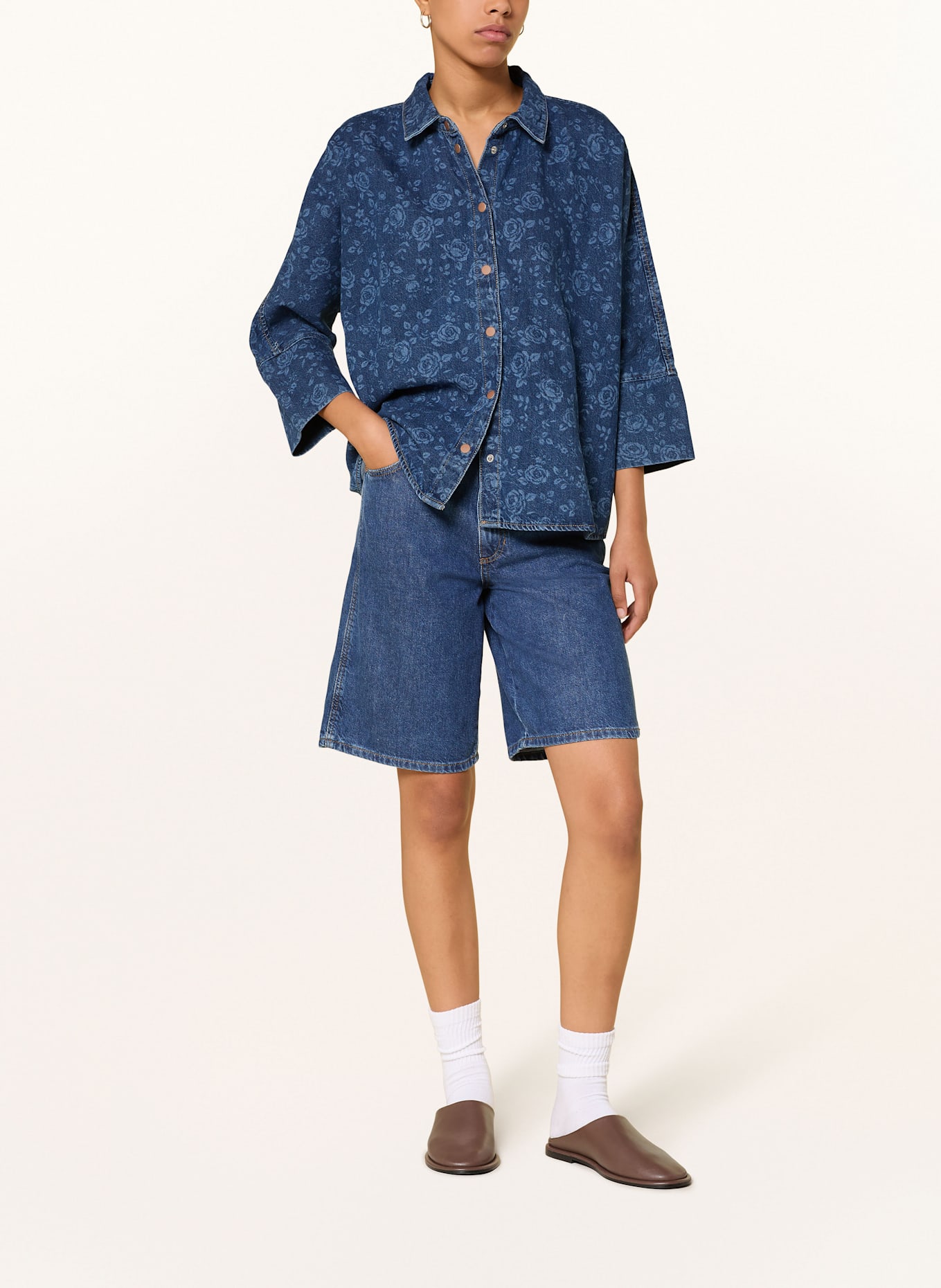 ONLY Jeansbluse mit 3/4-Arm: Medium Blue Denim/Roses