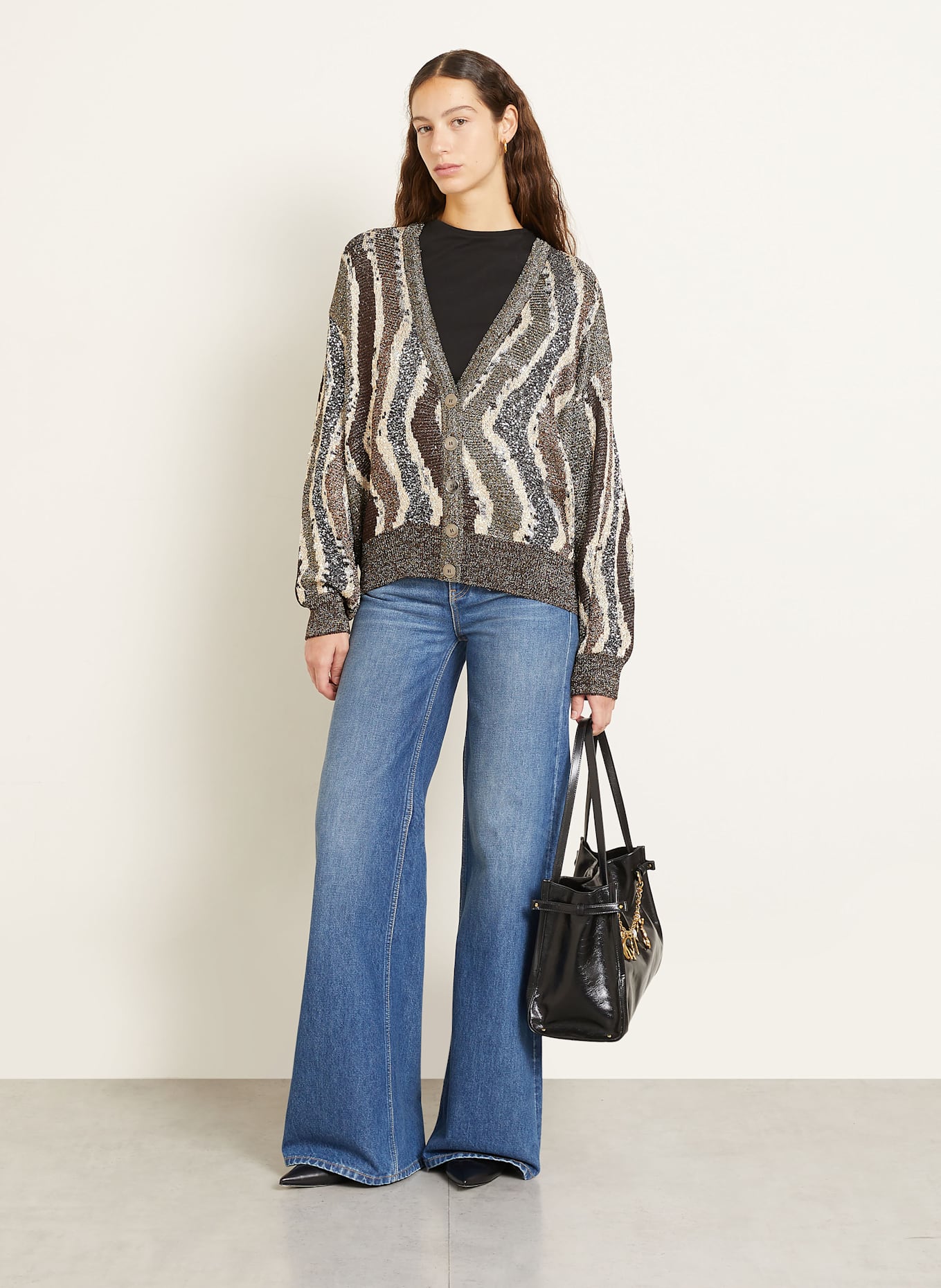 MISSONI Kardigan z cekinami i błyszczącą przędzą: BRĄZOWY / KREMOWY / SREBRNY