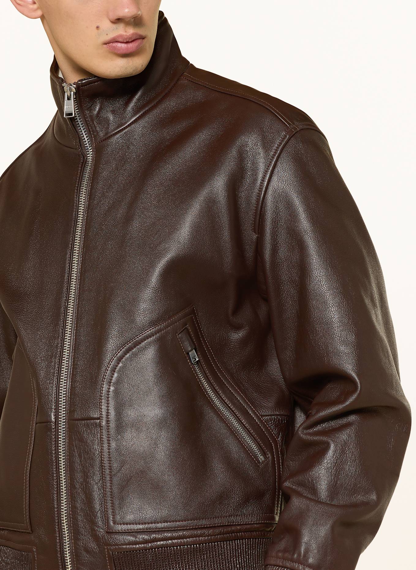 BOSS Lederjacke MANDER: DUNKELBRAUN