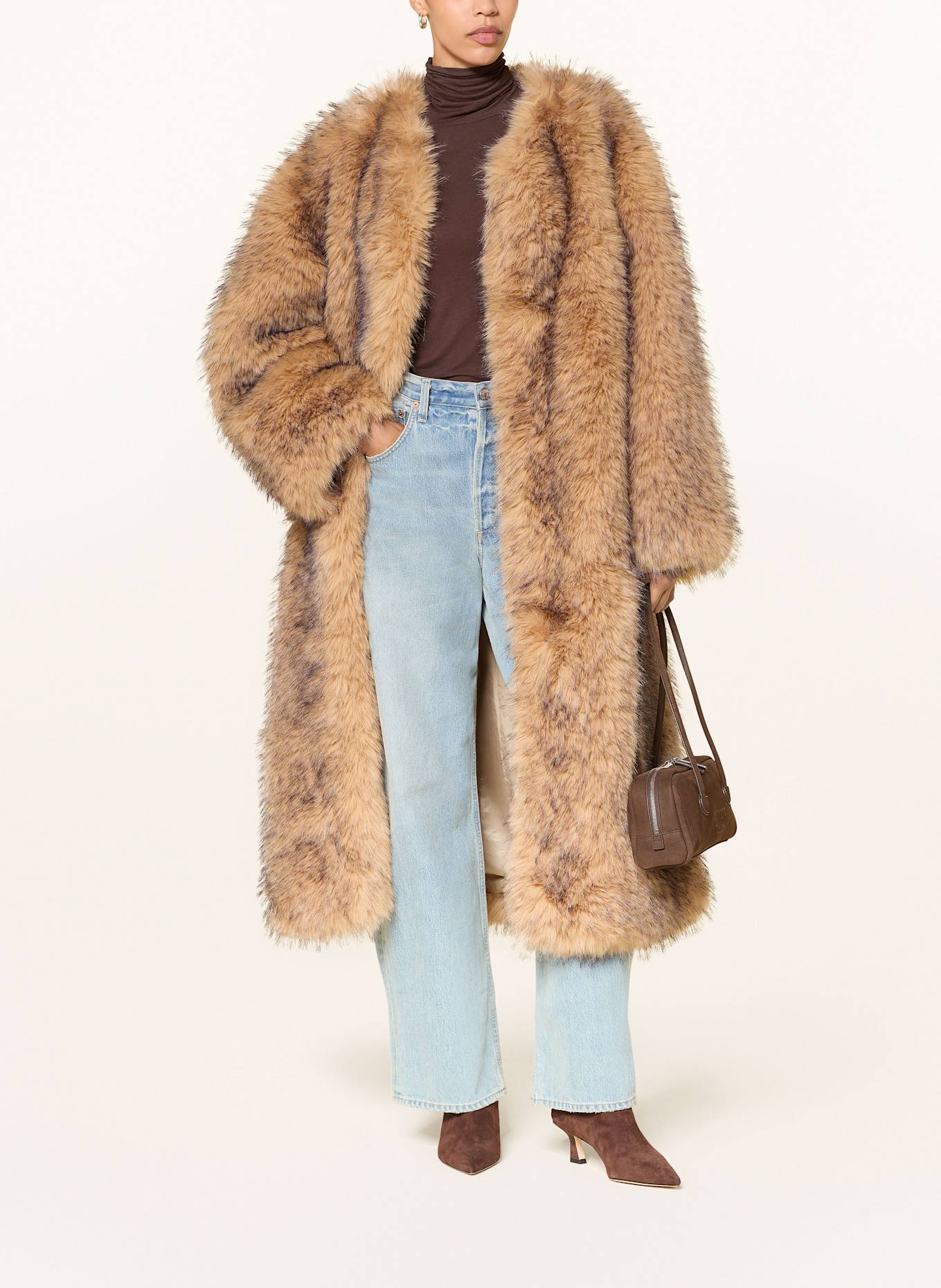 ROTATE Kunstfell-Mantel: SCHWARZ / BRAUN