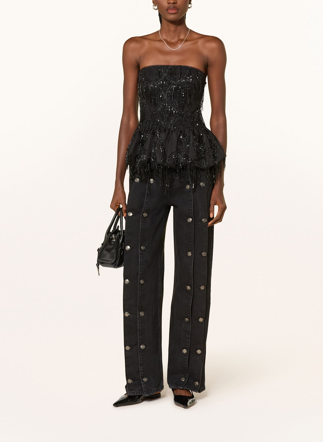 ROTATE Off-Shoulder-Bluse mit Pailletten und Mesh: SCHWARZ