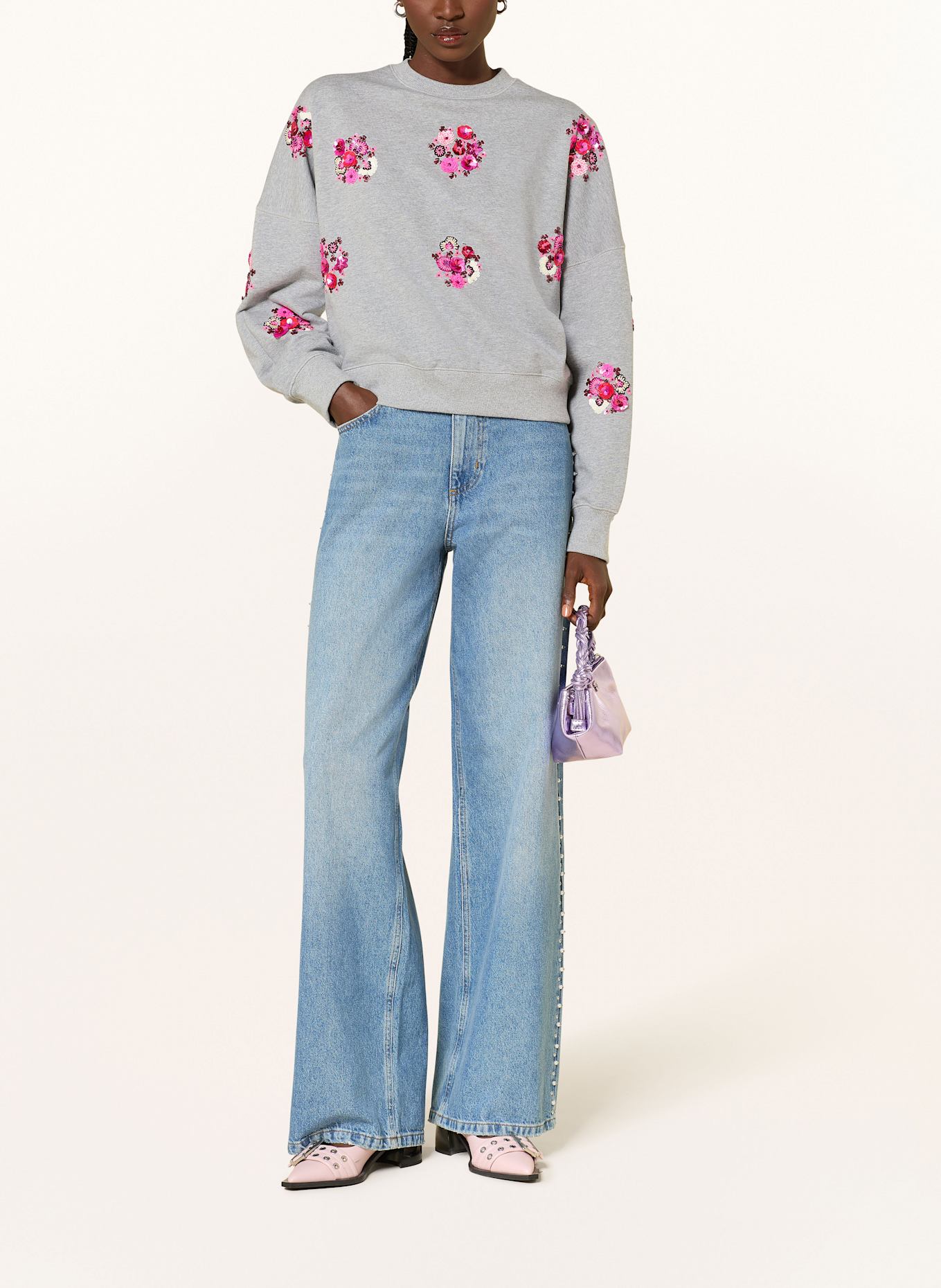 ESSENTIEL ANTWERP Sweatshirt ITRO mit Pailletten und Schmuckperlen: GRAU / PINK / NEONPINK