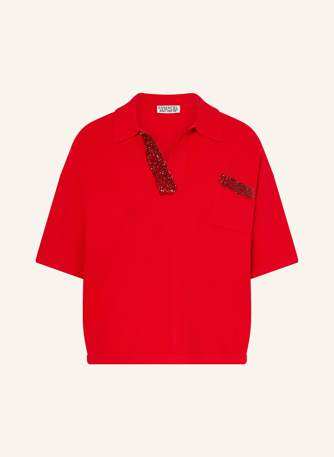ESSENTIEL ANTWERP Strick-Poloshirt INTERNATIONNAL mit Schmuckperlen: ROT