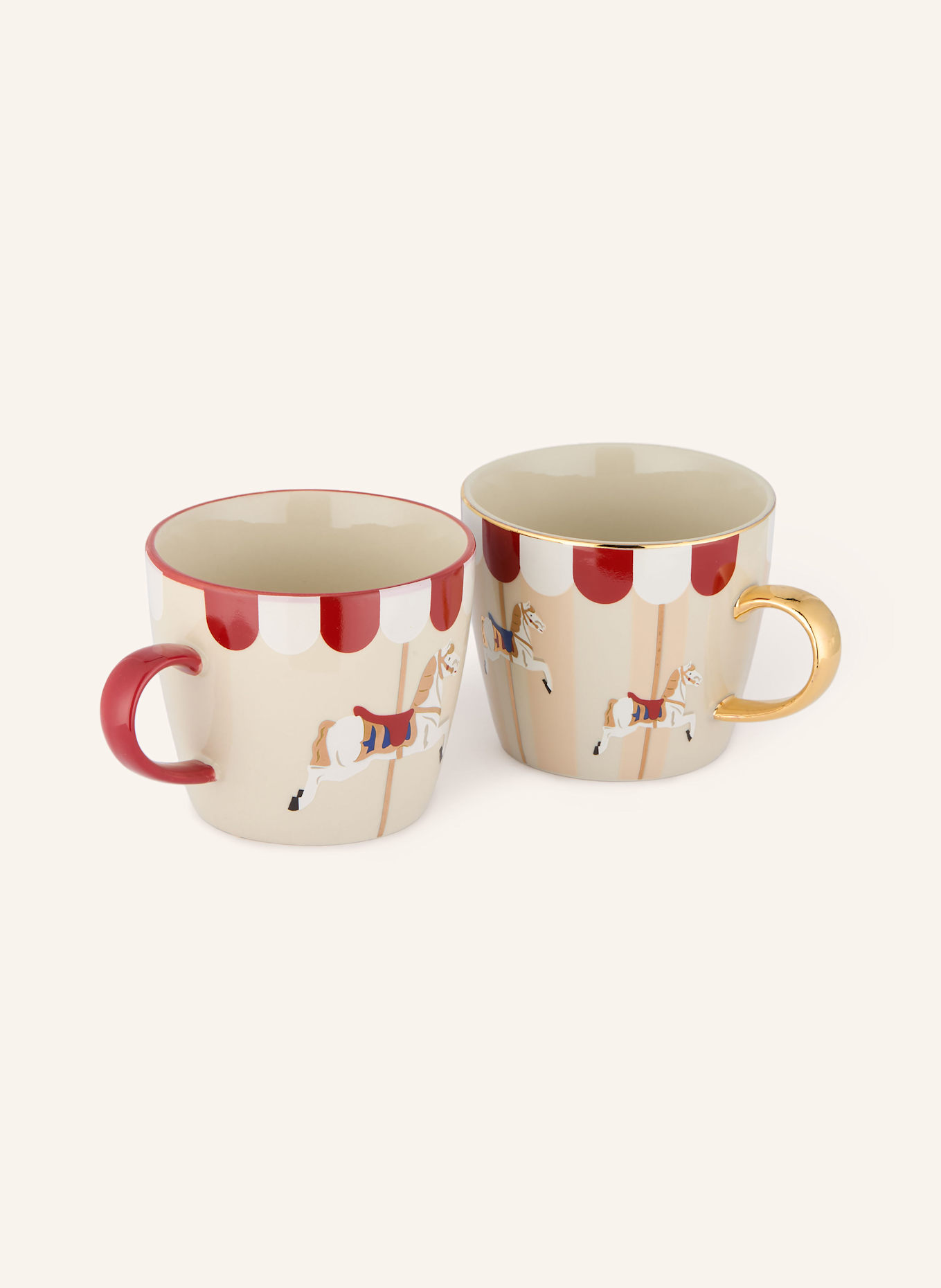 Bloomingville 2-delige set MERRY-GO-ROUND bekers met handvat: CRÈME / DONKERROOD / GOUD