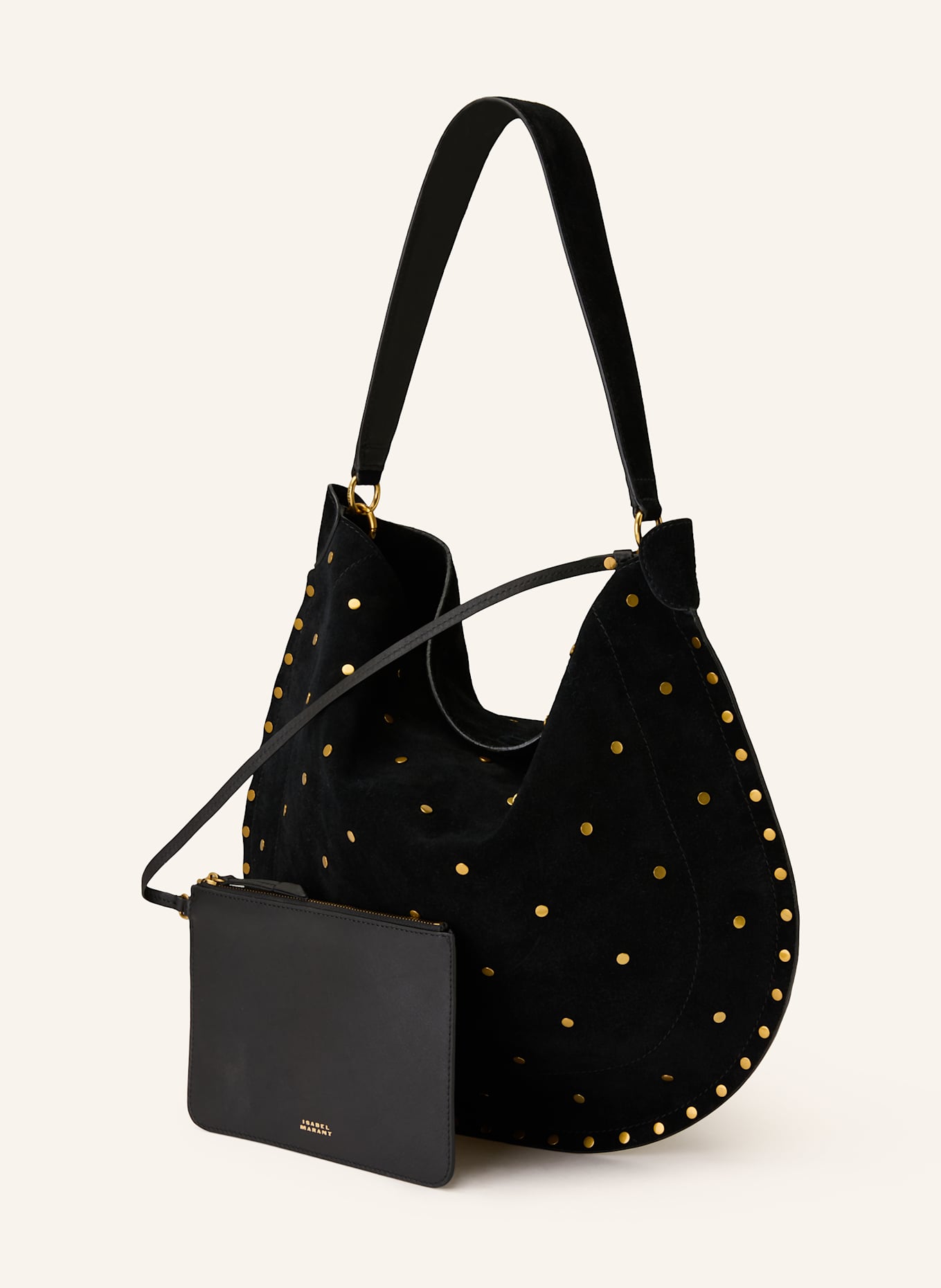 ISABEL MARANT Schultertasche OSKAN mit Pouch und Nieten: SCHWARZ / GOLD
