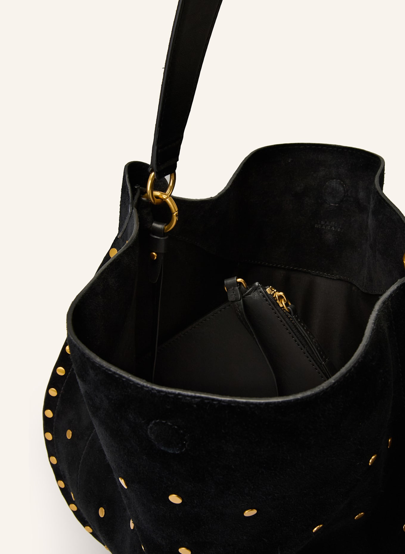 ISABEL MARANT Schultertasche OSKAN mit Pouch und Nieten: SCHWARZ / GOLD