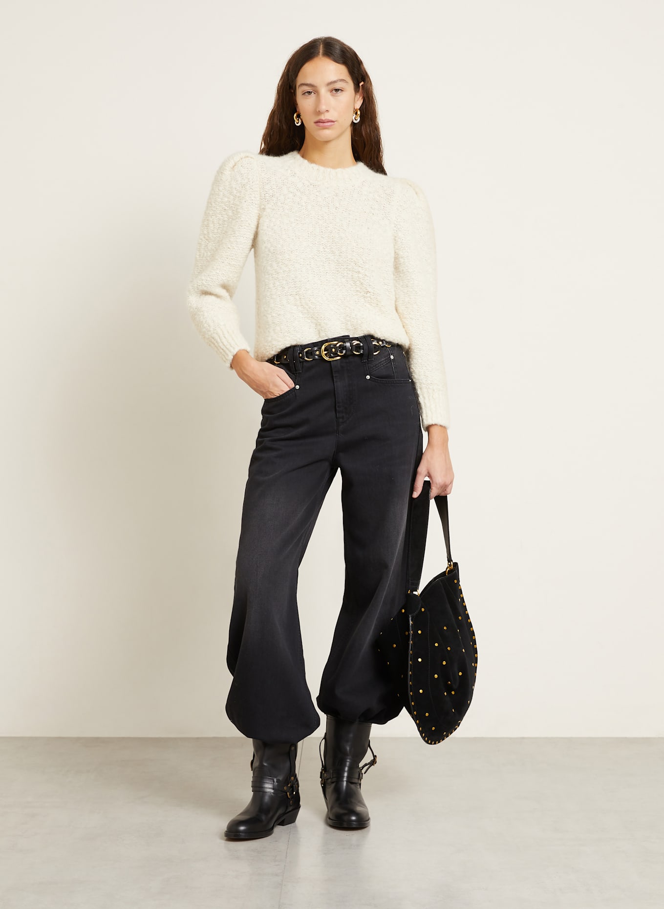 ISABEL MARANT Schultertasche OSKAN mit Pouch und Nieten: SCHWARZ / GOLD