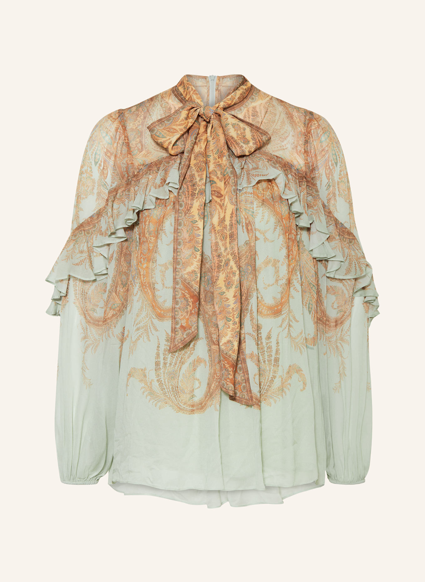 ZIMMERMANN Blusenshirt MEMENTO mit Rüschen und abnehmbarer Schluppe: MINT / BRAUN / BEIGE