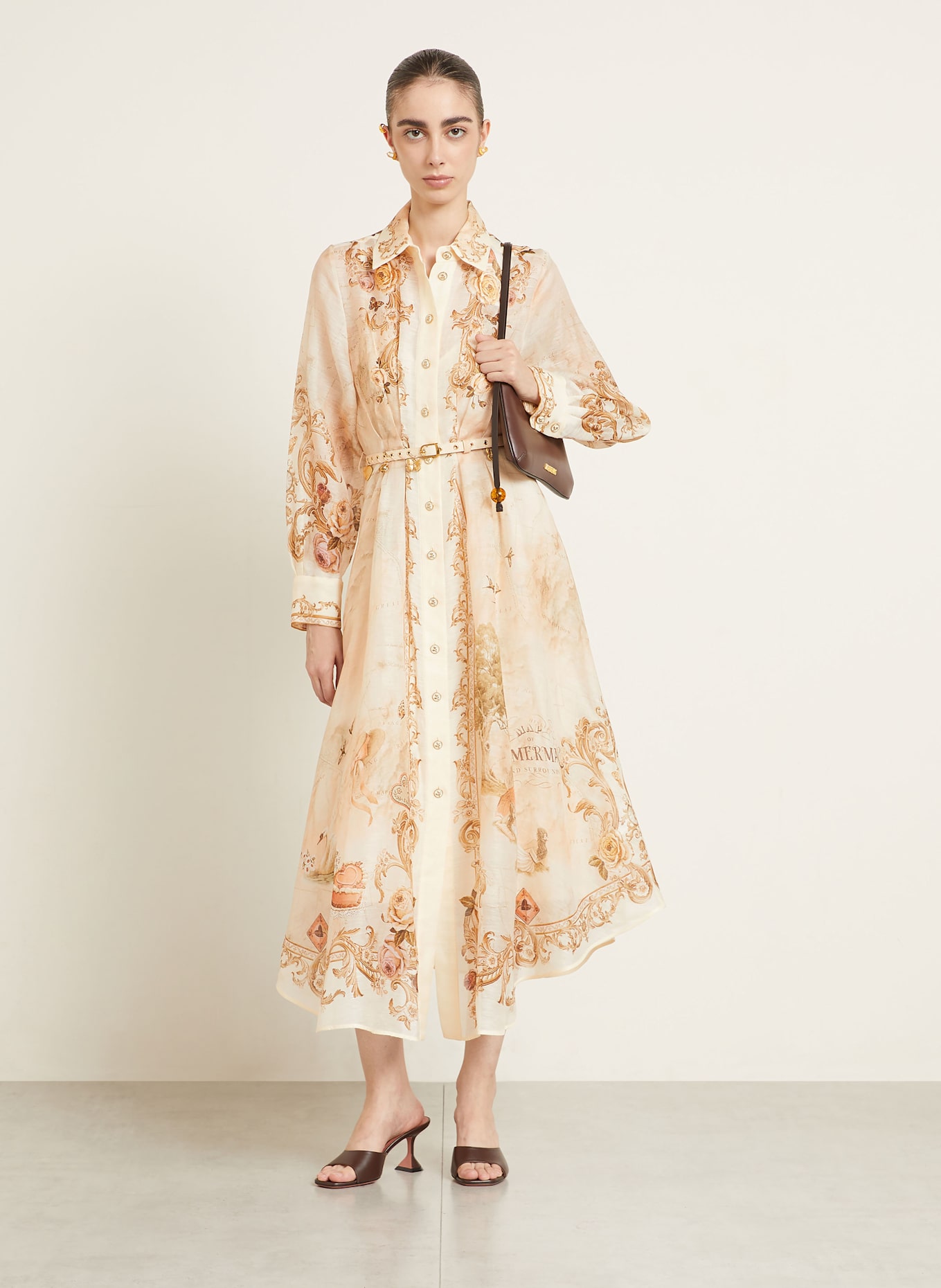 ZIMMERMANN Hemdblusenkleid mit Seide und Leinen: NUDE / ECRU / BRAUN