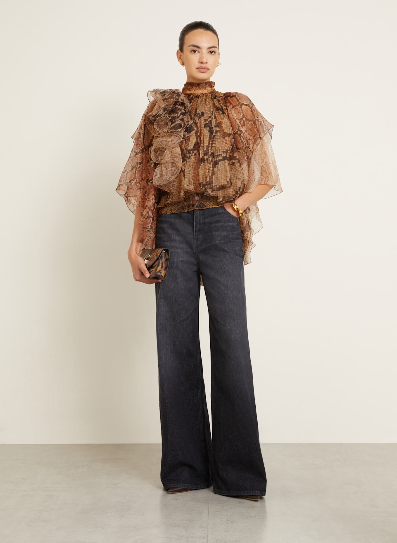 ZIMMERMANN Schluppenbluse aus Seide mit Volants: BRAUN / SCHWARZ / DUNKELORANGE