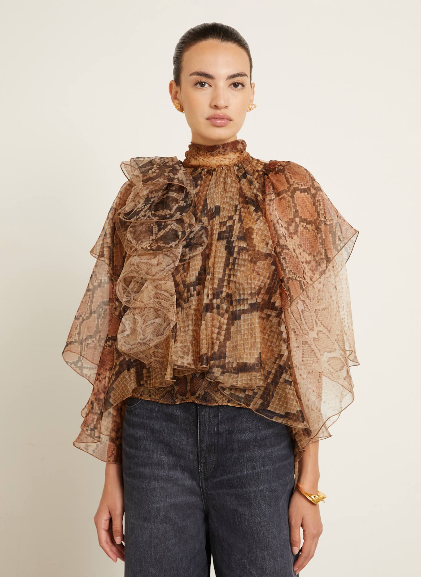 ZIMMERMANN Schluppenbluse aus Seide mit Volants: BRAUN / SCHWARZ / DUNKELORANGE