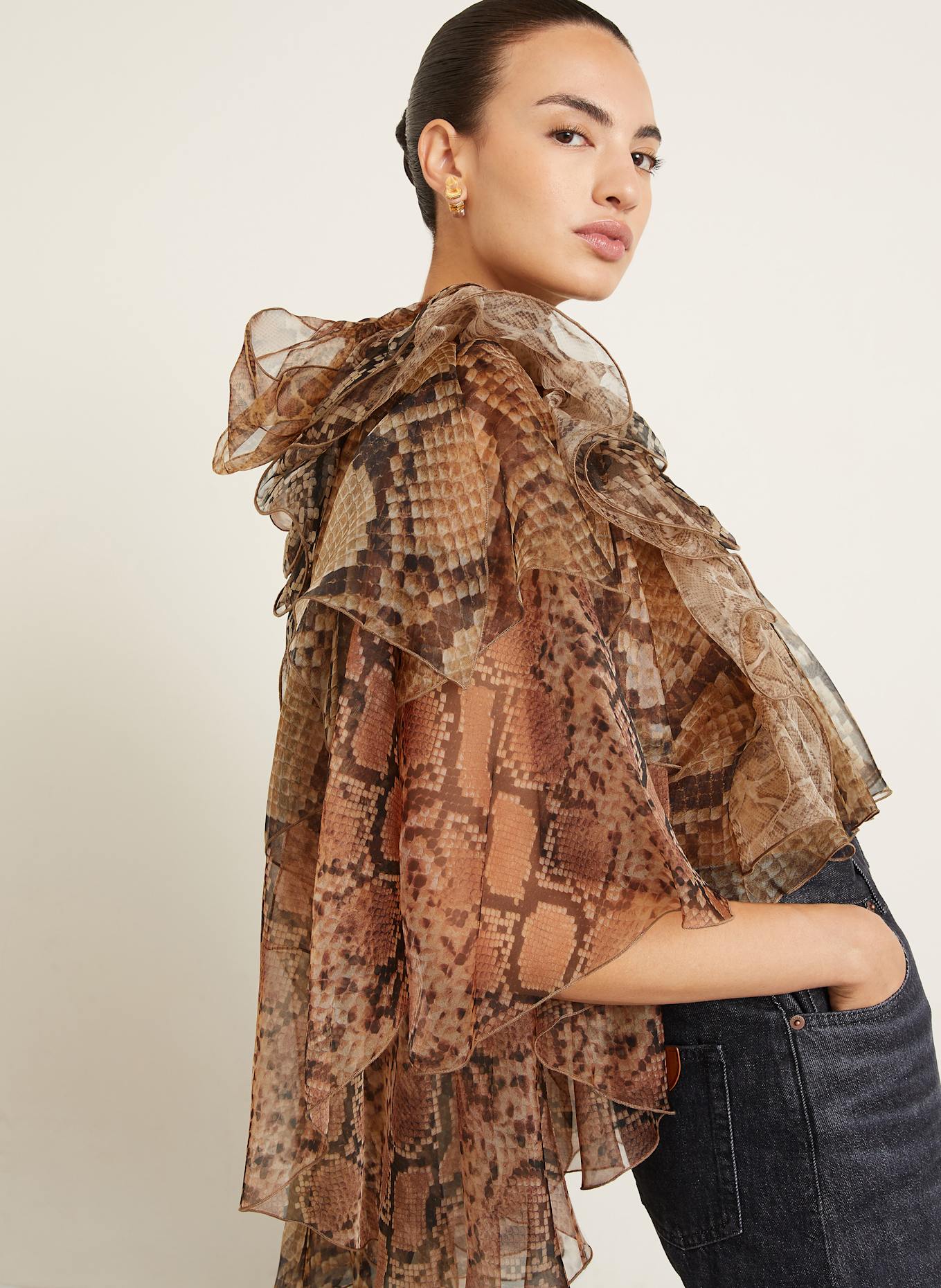 ZIMMERMANN Schluppenbluse aus Seide mit Volants: BRAUN / SCHWARZ / DUNKELORANGE