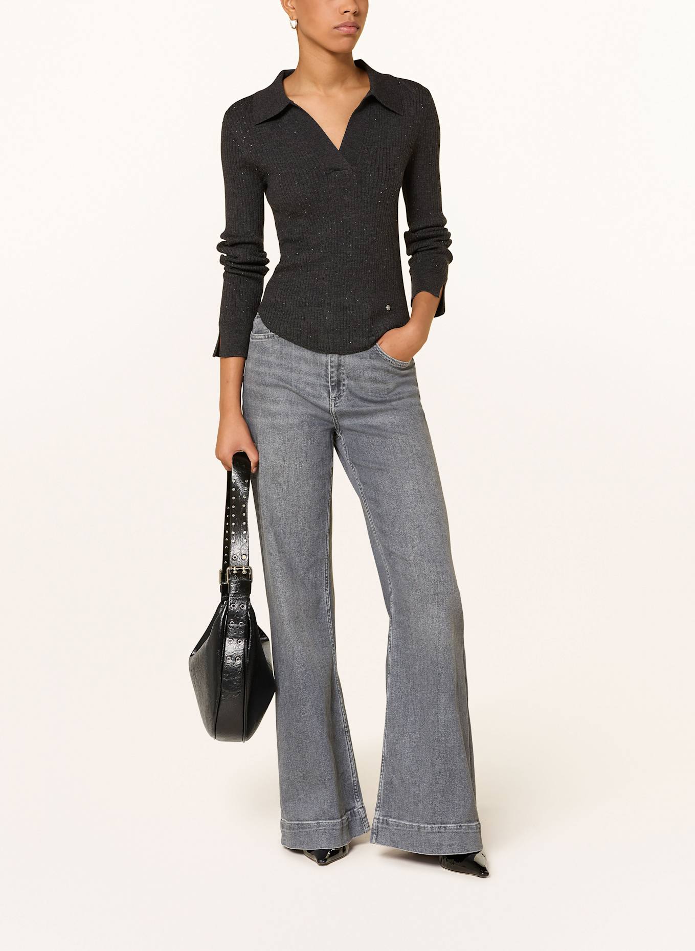 MOS MOSH Strick-Poloshirt MMRONIKA mit Schmucksteinen: DUNKELGRAU