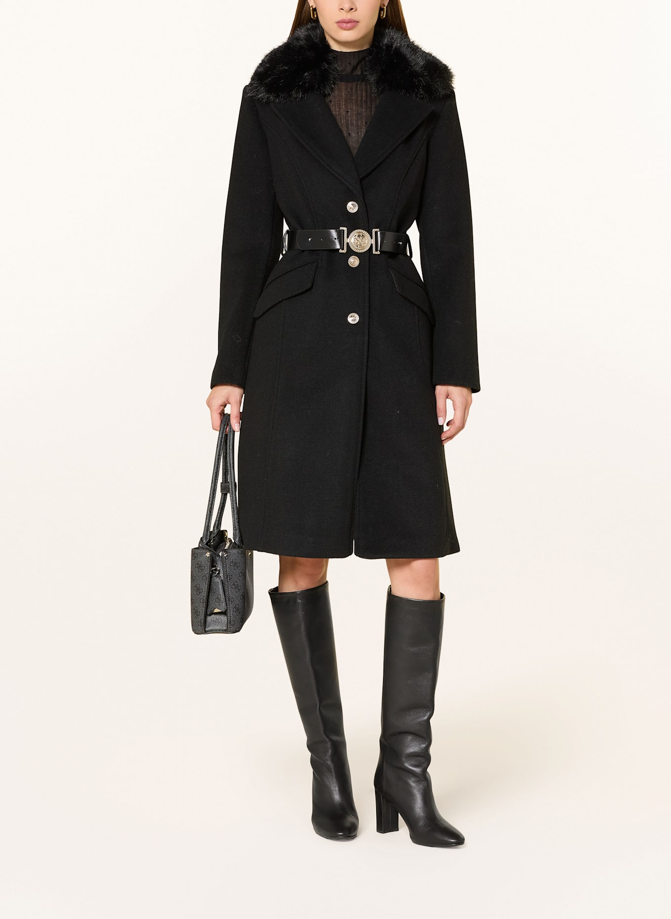 GUESS Mantel NEW PATRICE mit abnehmbarem Kunstfell: SCHWARZ