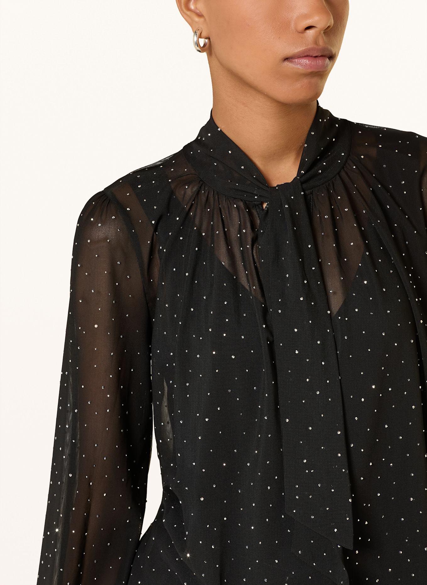 MORE & MORE Schluppenbluse aus Mesh mit Schmucksteinen: SCHWARZ