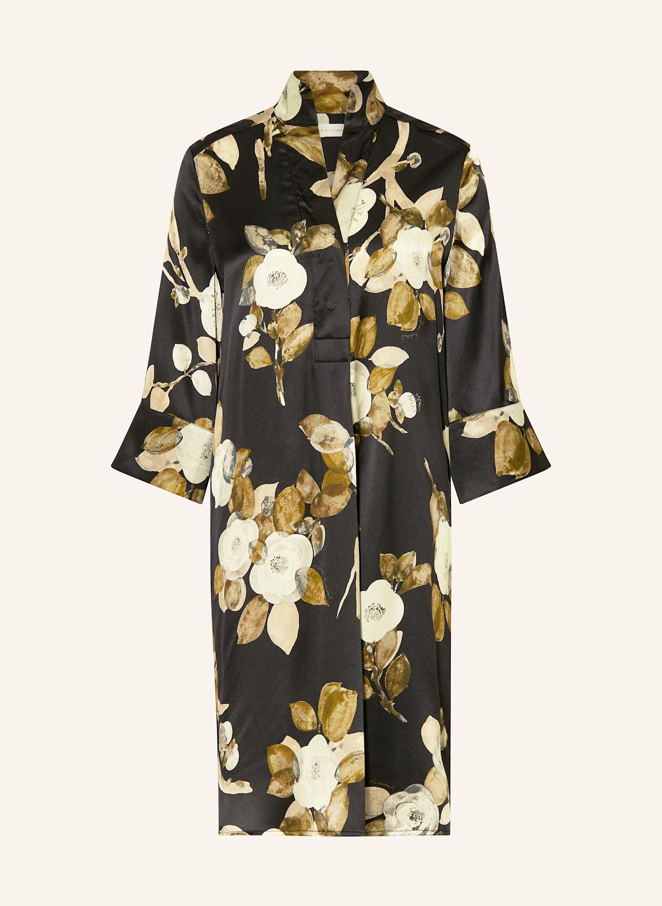 dea kudibal Seidenkleid aus Satin mit 3/4-Arm: SCHWARZ / HELLGRAU / OLIV